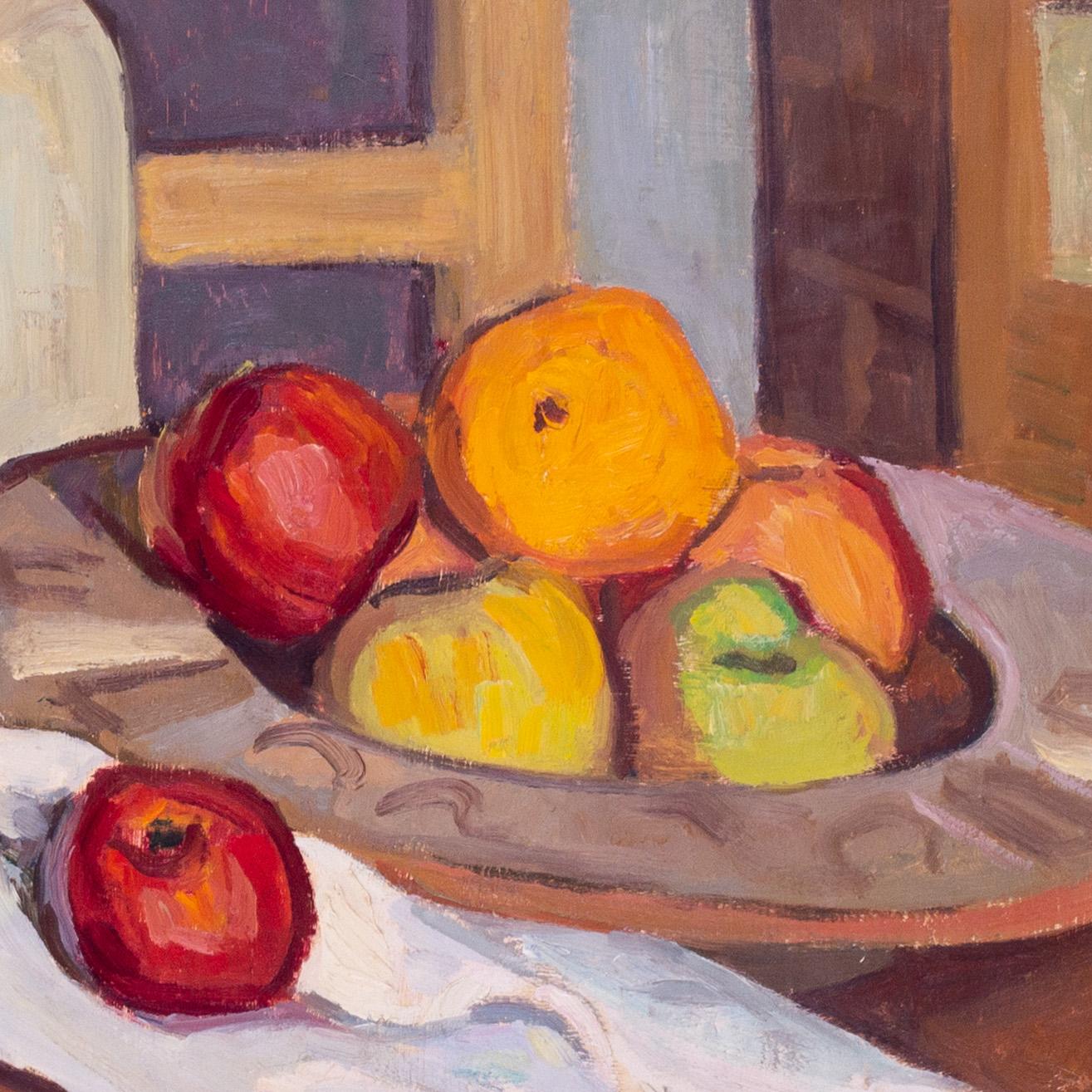 Nature morte française du 20e siècle avec vin, pots, pommes, orange par Boris Buchet en vente 5