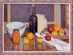 Francés, Siglo XX bodegón de vino, ollas, manzanas, naranja por Boris Buchet