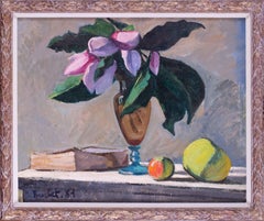 French, 20th Century still life,  vase of flowers, apples, book by Boris Buchet