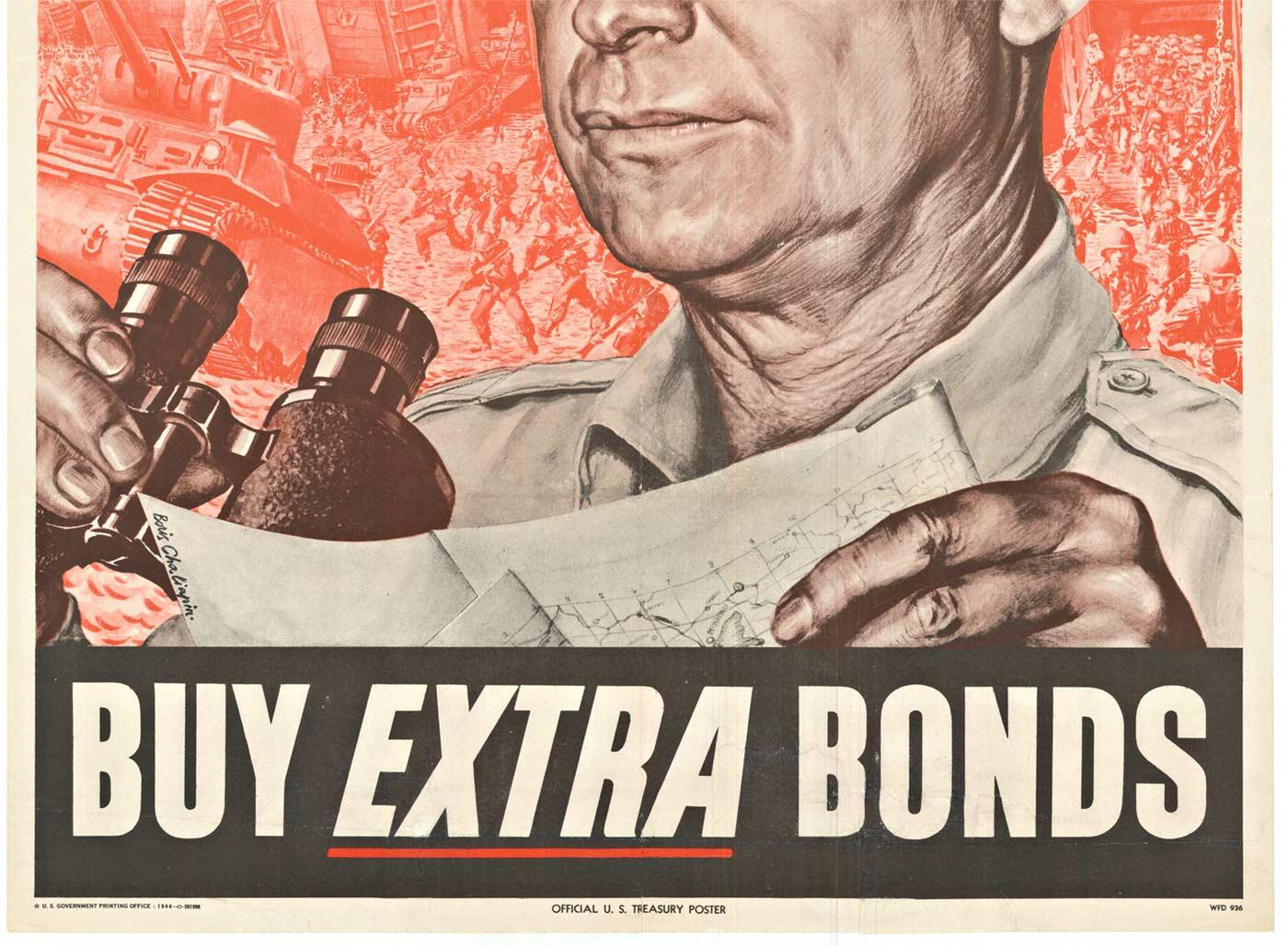 Affiche vintage d'origine d'Eisenhower de 1944 « Back 'Em Up Buy Extra Bonds » - Réalisme américain Print par Boris Chaliapin