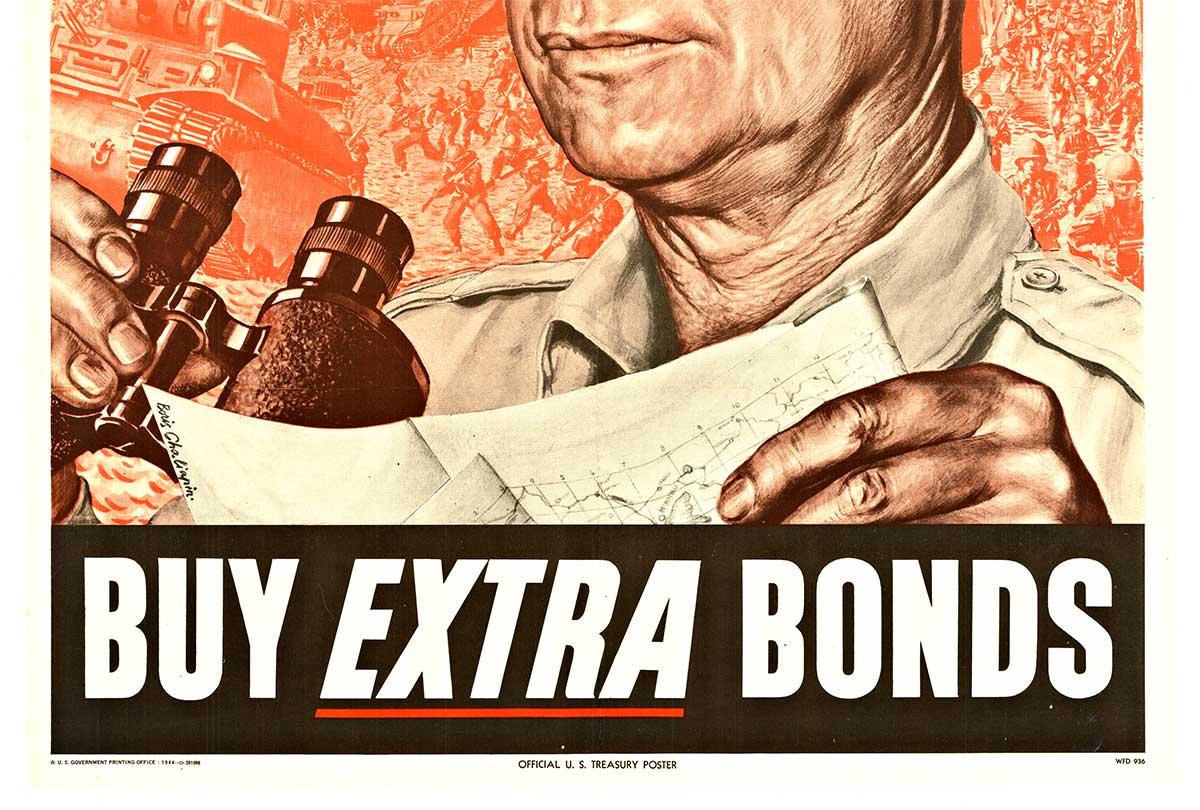 Original Back 'em Up Buy Extra Bonds General Eisenhower, WW2 vintage poster - Orange Landscape Print by Boris Chaliapin