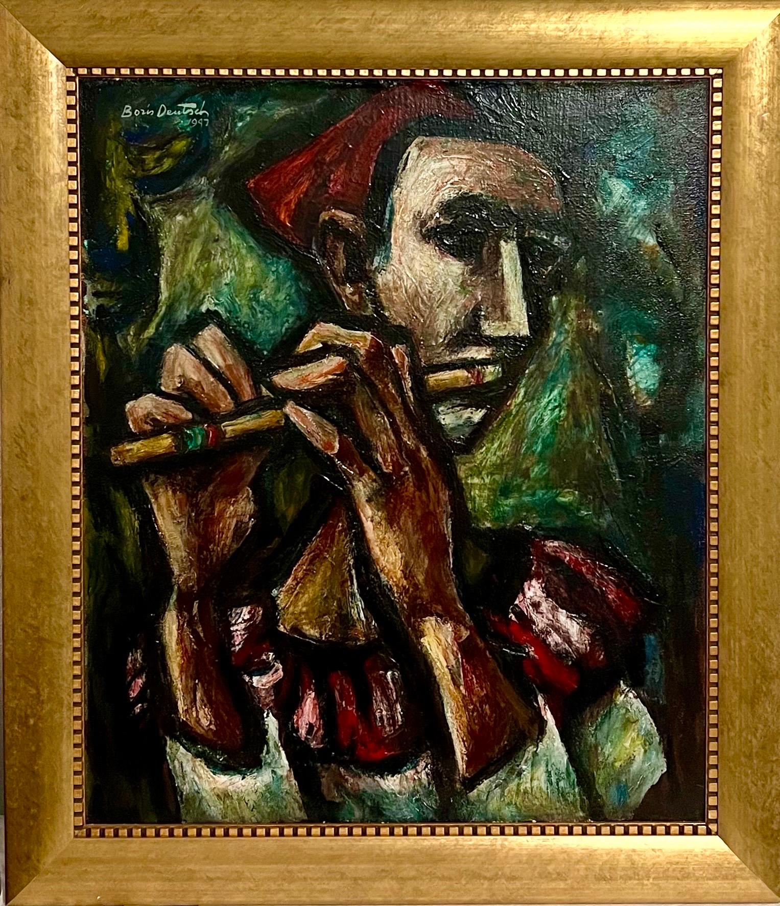 1947 Expressionist Oil Painting Flute Player Musician Boris Deutsch WPA Artist For Sale 7