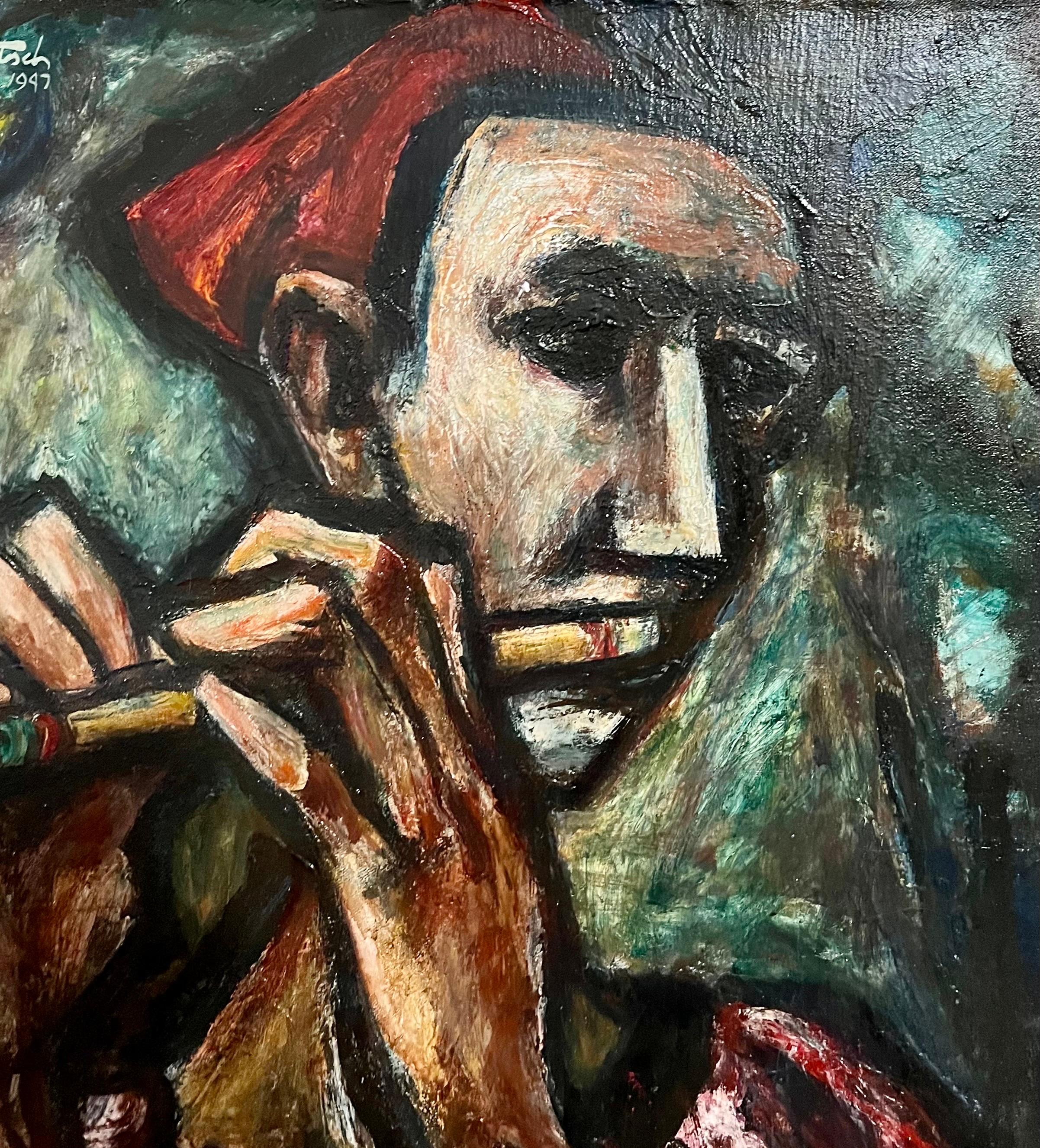 1947 Expressionist Oil Painting Flute Player Musician Boris Deutsch WPA Artist For Sale 1