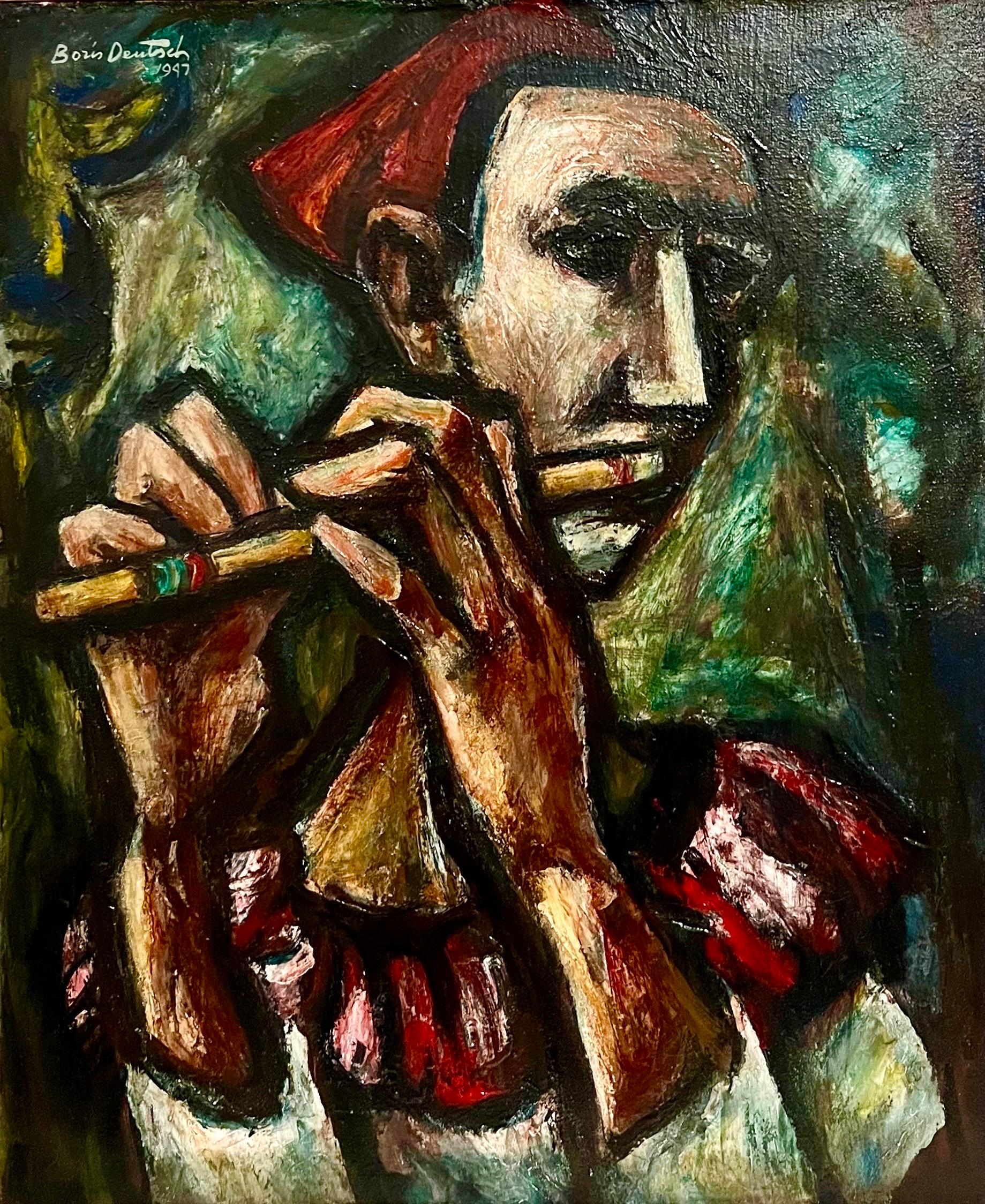 1947 Expressionist Oil Painting Flute Player Musician Boris Deutsch WPA Artist For Sale 3