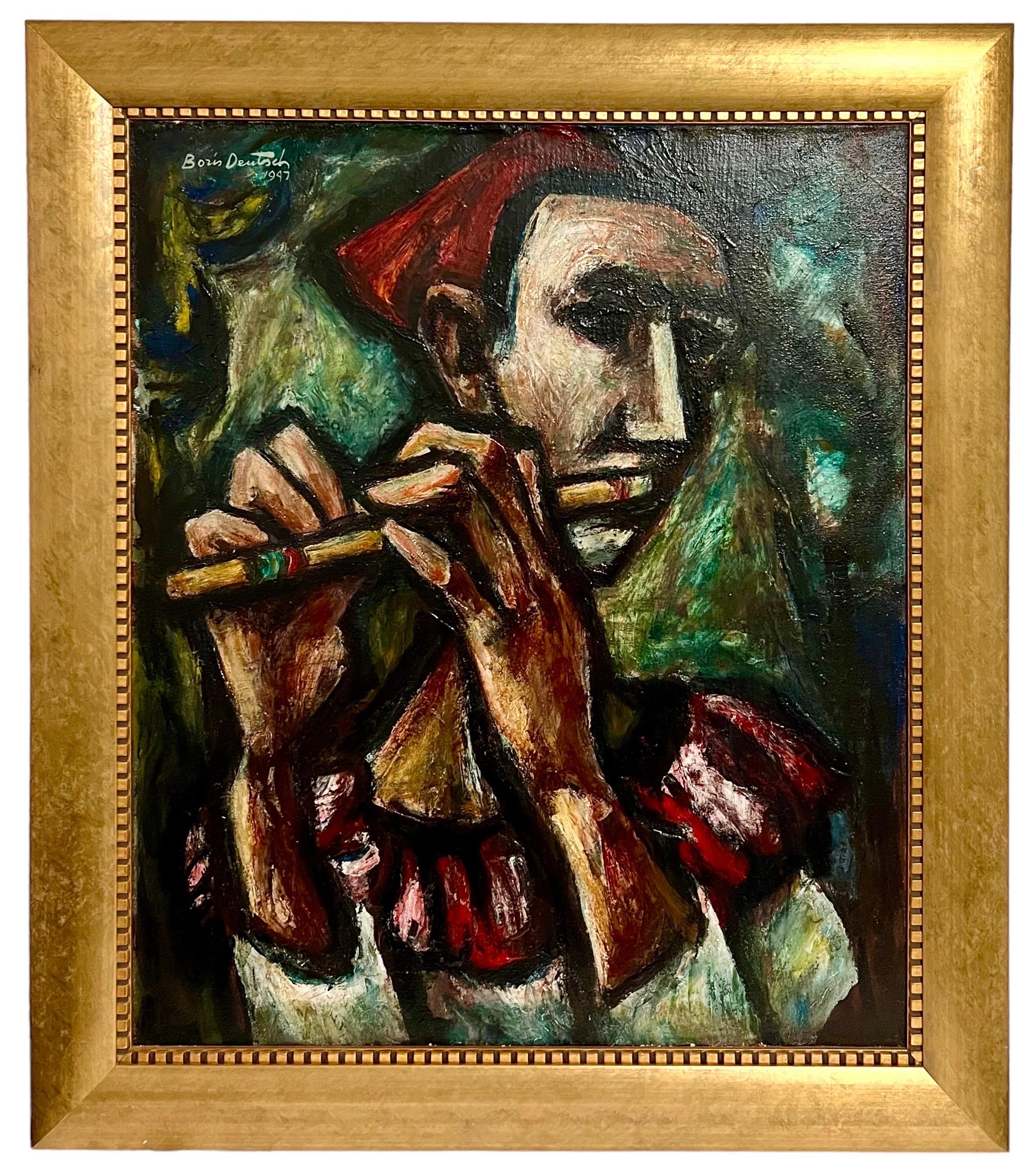 Boris Deutsch (ruso lituano estadounidense, 1892-1978)
"El flautista", 1947
Pintura al óleo sobre lienzo, 
Firmado a mano y fechado arriba a la izquierda, 
Procedencia: verso de la etiqueta de la galería (Pasadena Art Museum), (en