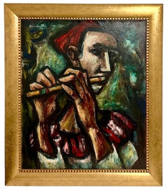 Used 1947 Expressionist Oil Painting Flute Player Musician Boris Deutsch WPA Artist