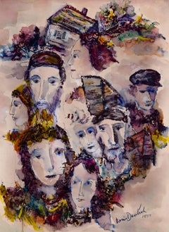 A Figurative Painting of People's Heads in Front of a Village by Boris Deutsch