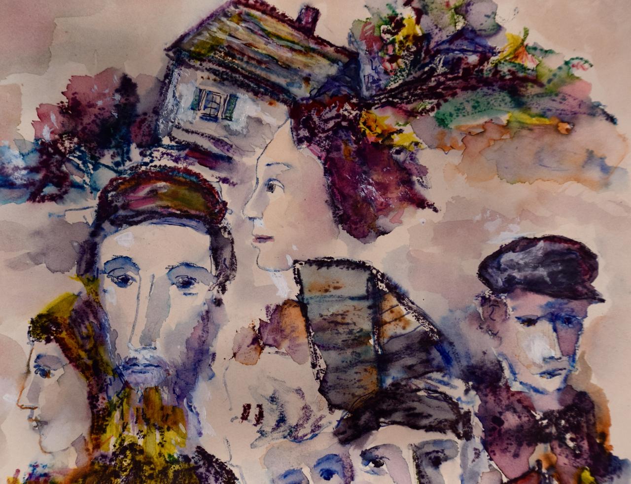 This is an original colorful figurative/abstract style watercolor and oil painting on paper by WPA artist Boris Deutsch in 1977. It is signed and dated in the right lower corner. The painting depicts the heads of eight people in front of a village,