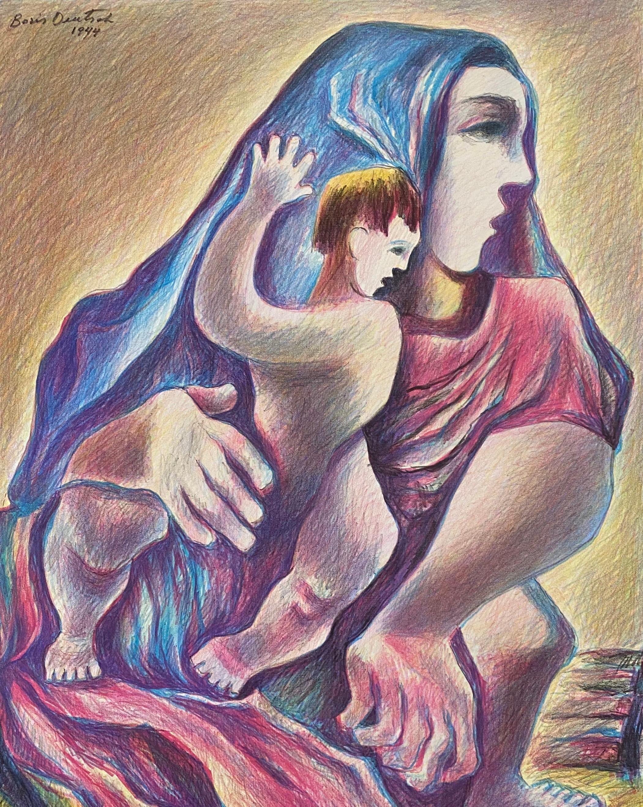 Litografía coloreada del artista lituano Madre e hijo - Boris Deutsch en venta 1