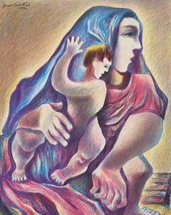 Lithuanian Artist Colored Lithograph Mother And Son - Boris Deutsch