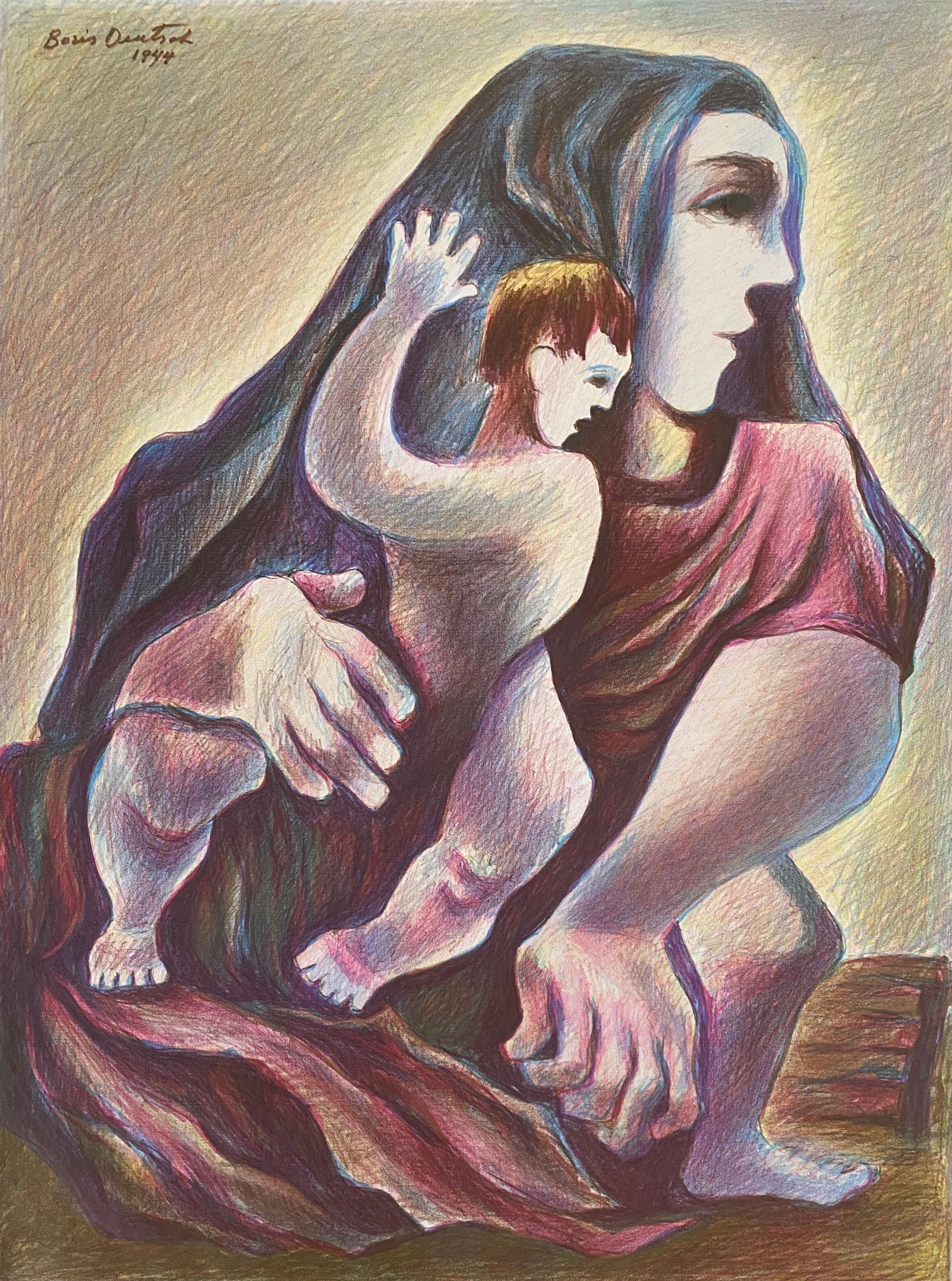 Artista lituano Litografia colorata Madre e Figlio - Boris Deutsch in vendita 1