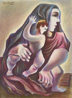 Lithuanian Artist Colored Lithograph Mother And Son - Boris Deutsch