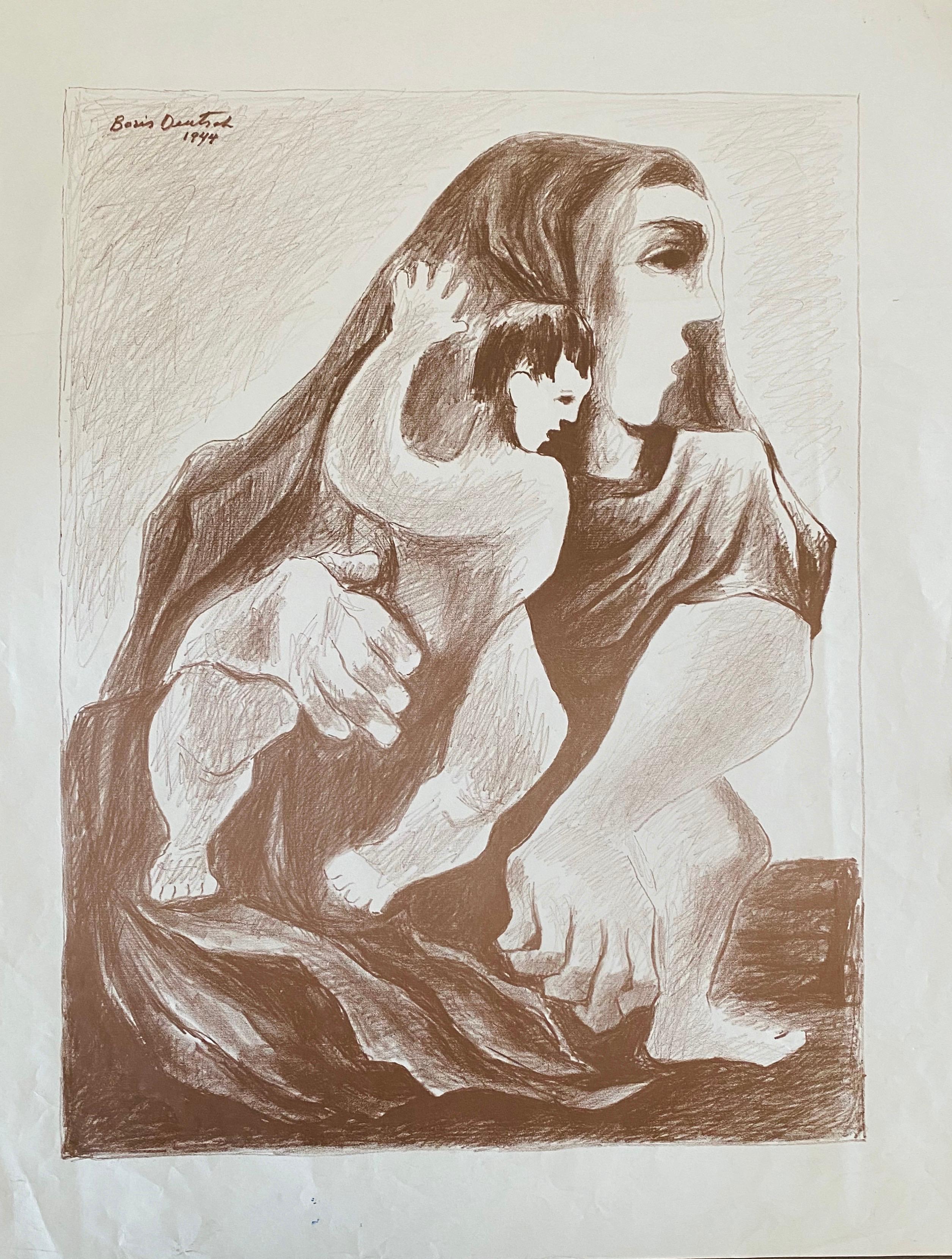 Litografía coloreada del artista lituano Madre e hijo - Boris Deutsch en venta 1