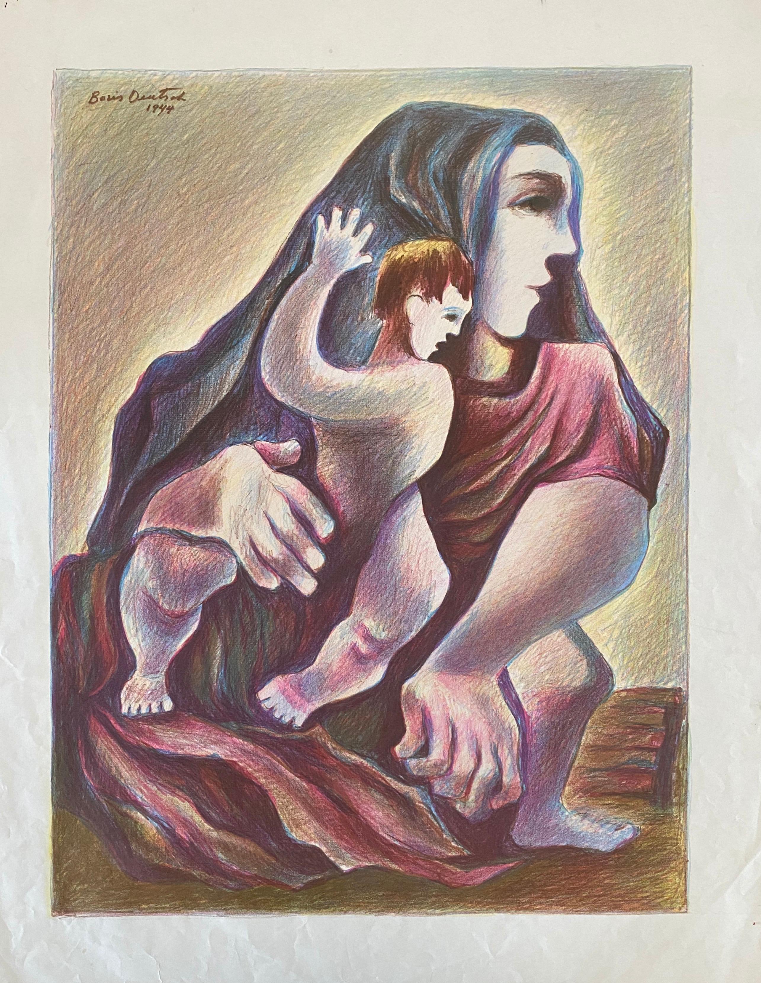 Artista lituano Litografia colorata Madre e Figlio - Boris Deutsch in vendita 2