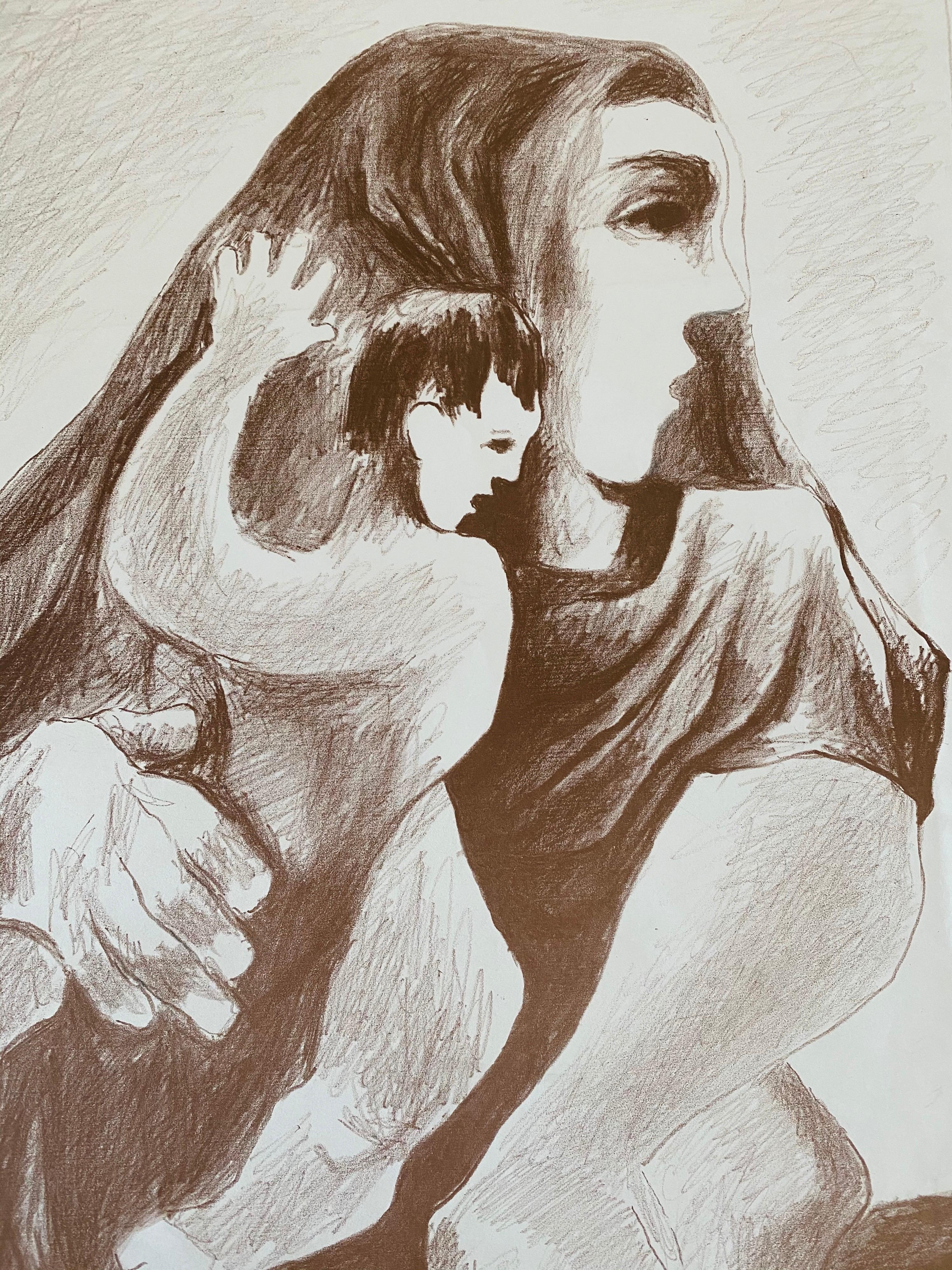 Litografía coloreada del artista lituano Madre e hijo - Boris Deutsch en venta 2