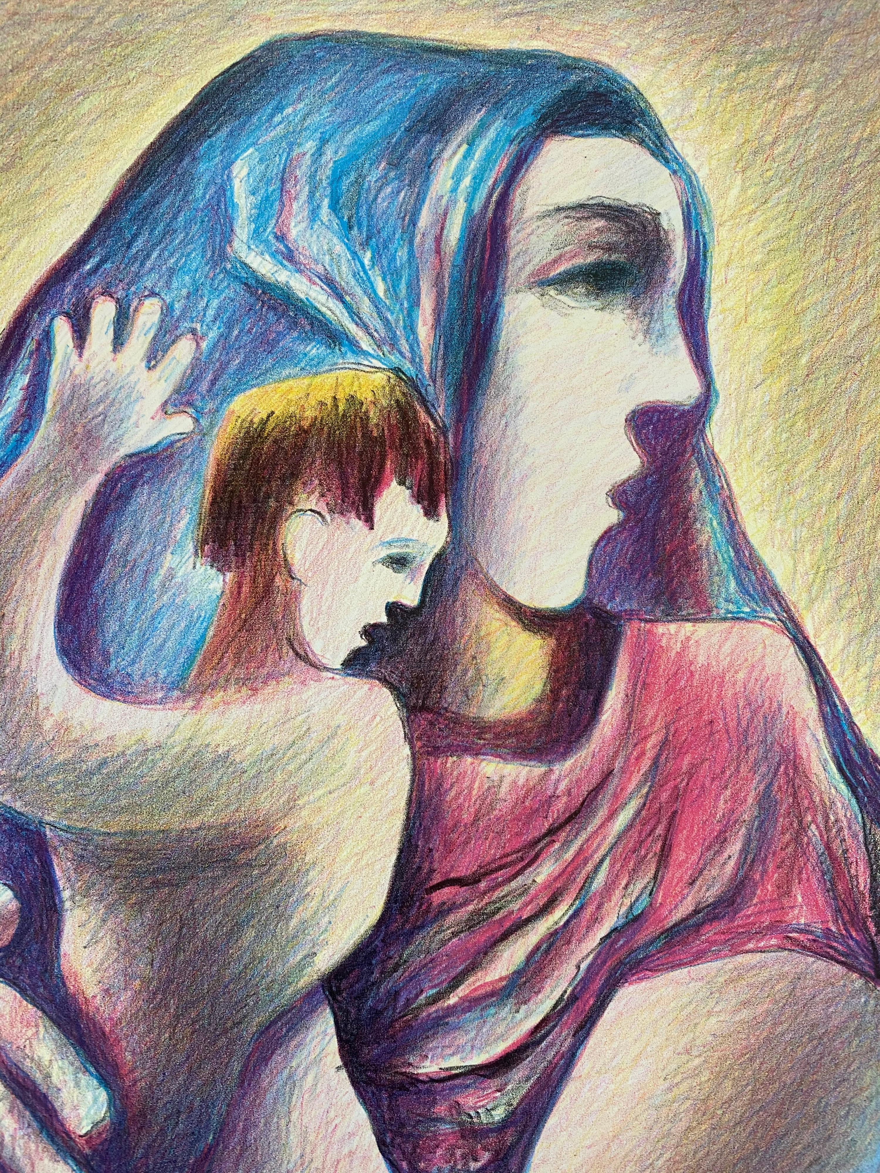 Litografía coloreada del artista lituano Madre e hijo - Boris Deutsch en venta 3
