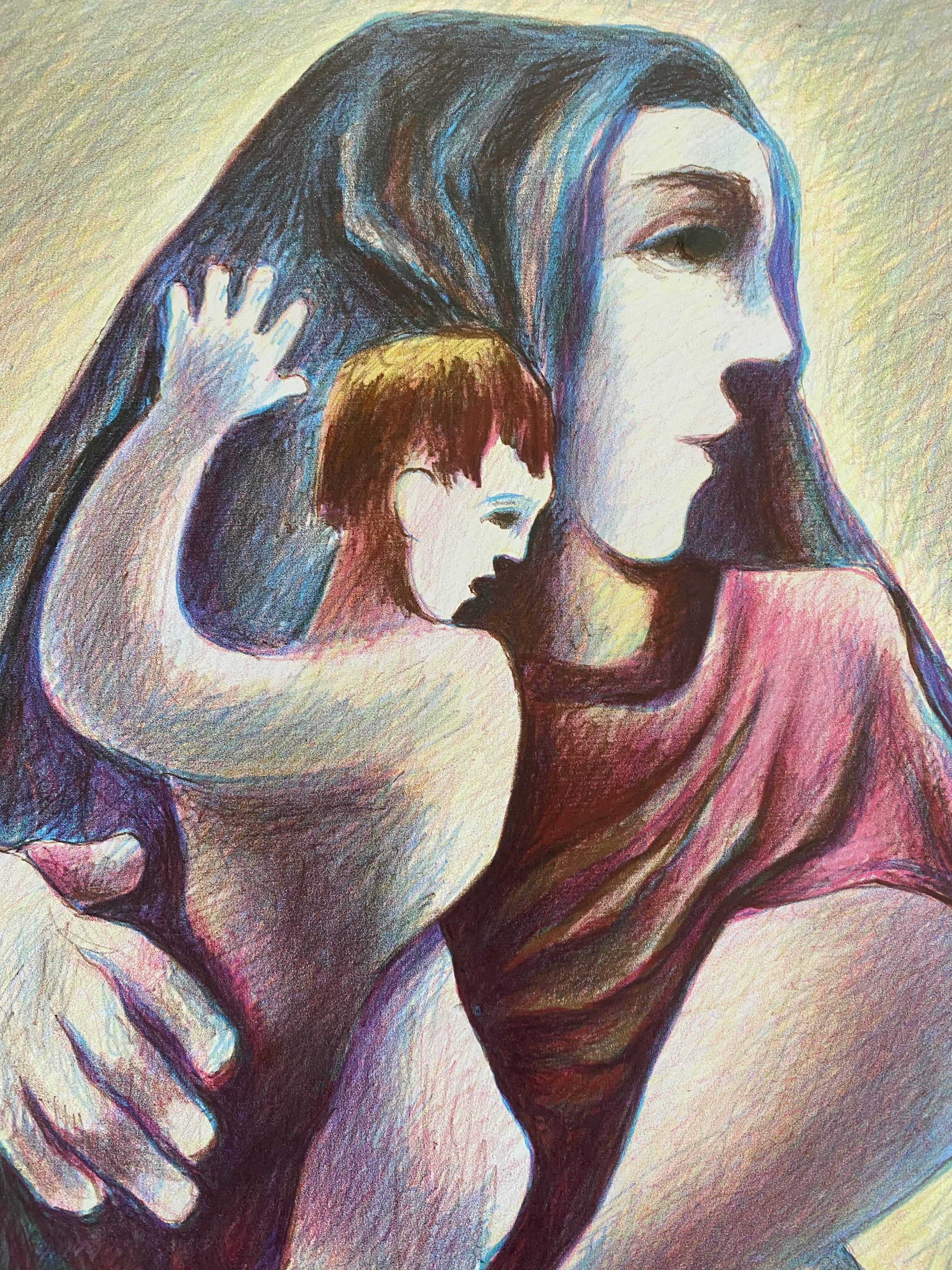 Artista lituano Litografia colorata Madre e Figlio - Boris Deutsch in vendita 3