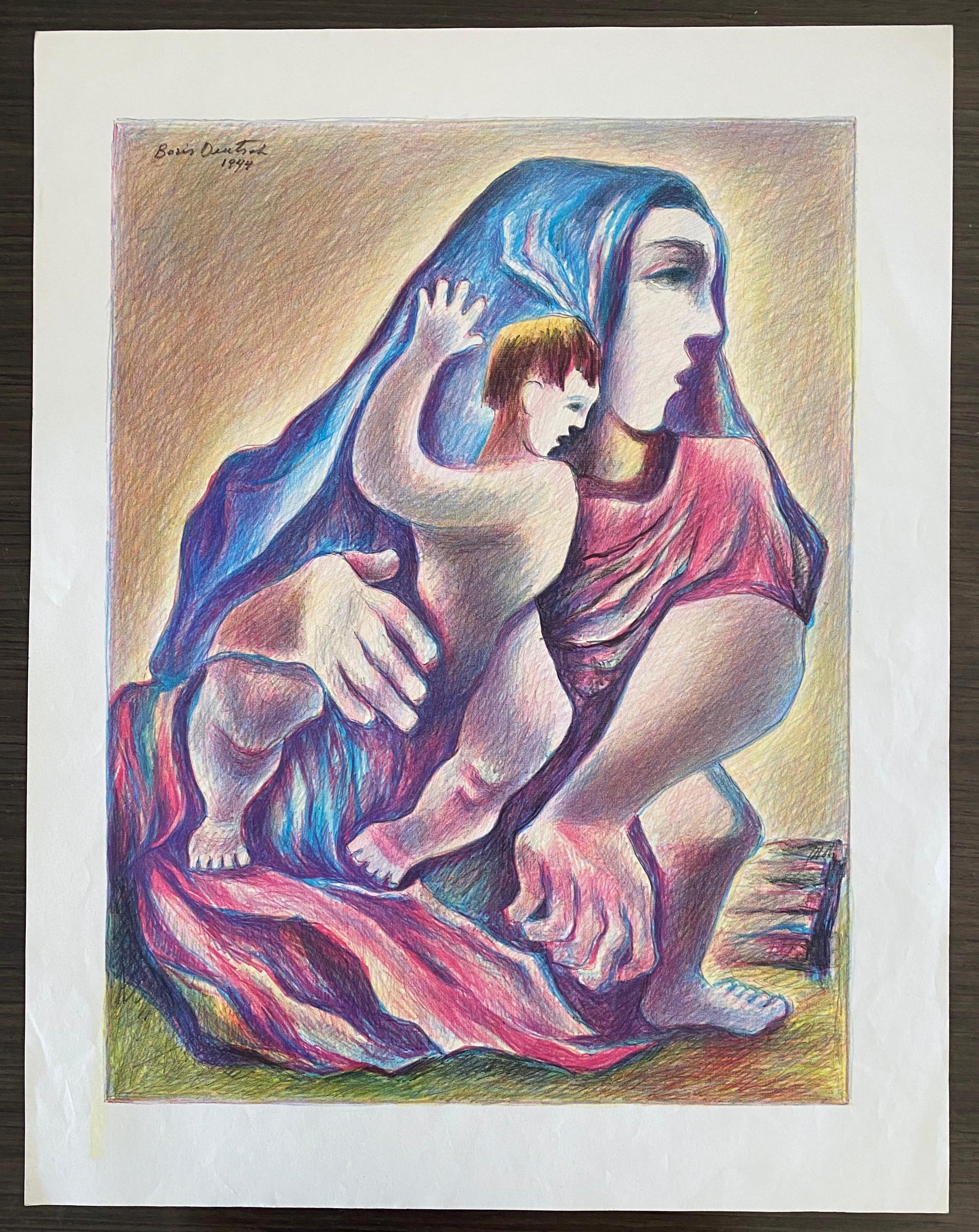 Litografía coloreada del artista lituano Madre e hijo - Boris Deutsch en venta 7
