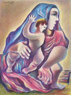 Lithuanian Artist Colored Lithograph Mother And Son - Boris Deutsch