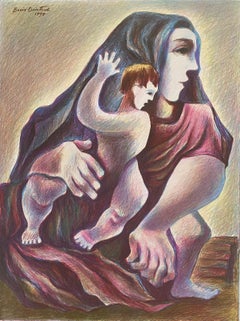 Lithuanian Artist Colored Lithograph Mother And Son - Boris Deutsch