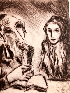 Poignant Judaica Shtetl Scene "The Couple" Rabbi and Wife Etching Print ed. 25