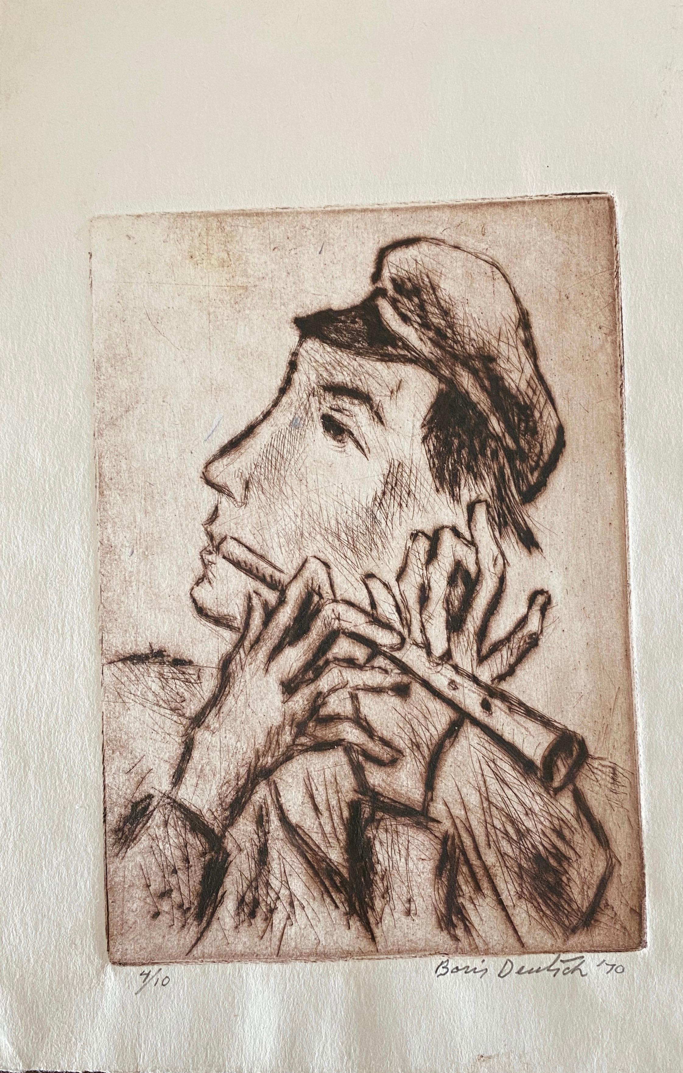 Gravure d'un artiste moderniste juif de Californie, artiste de Shtetl Village, représentant un joueur de doodka judaïque - Art de Boris Deutsch