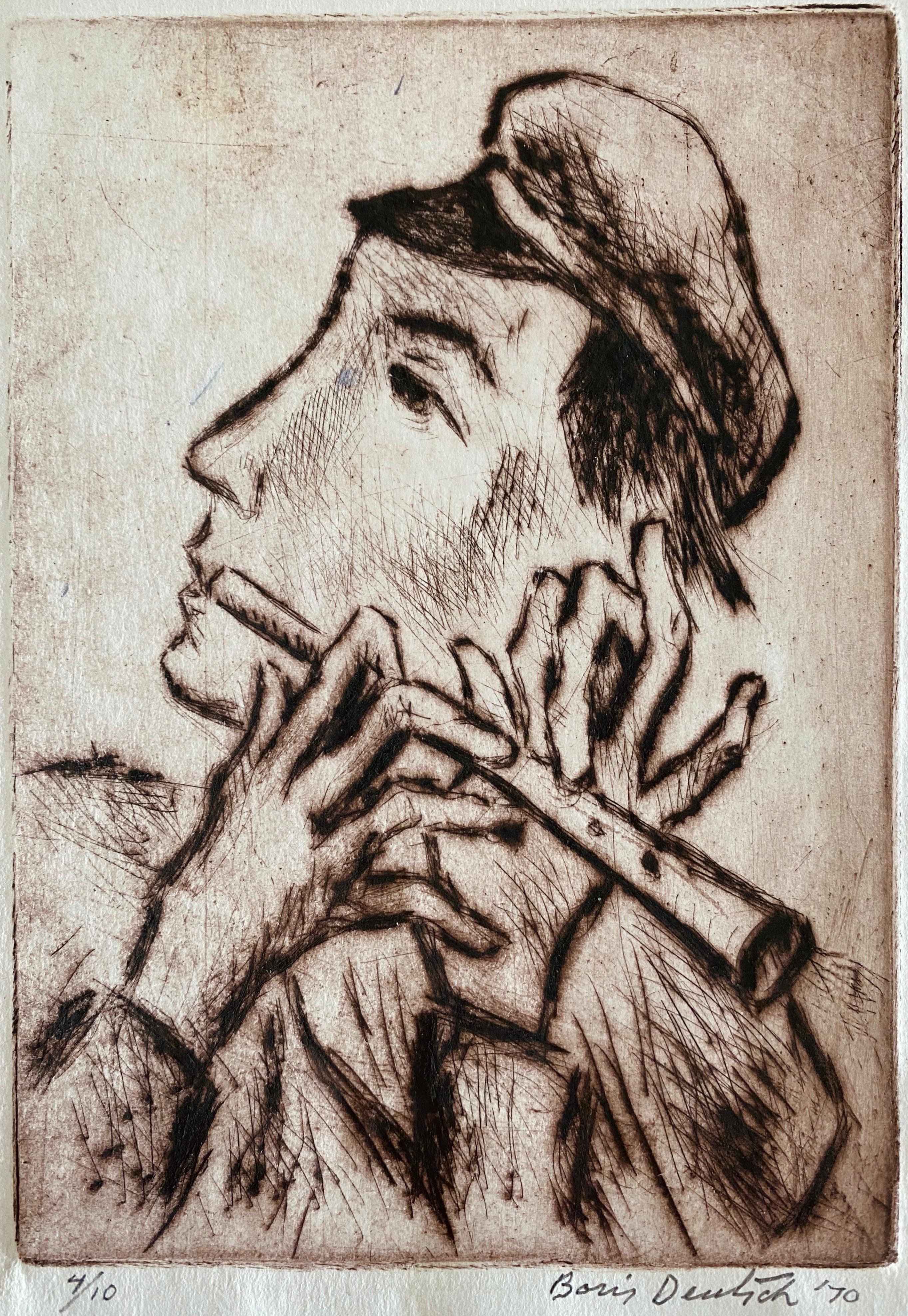 Gravure d'un artiste moderniste juif de Californie, artiste de Shtetl Village, représentant un joueur de doodka judaïque - Moderne Art par Boris Deutsch