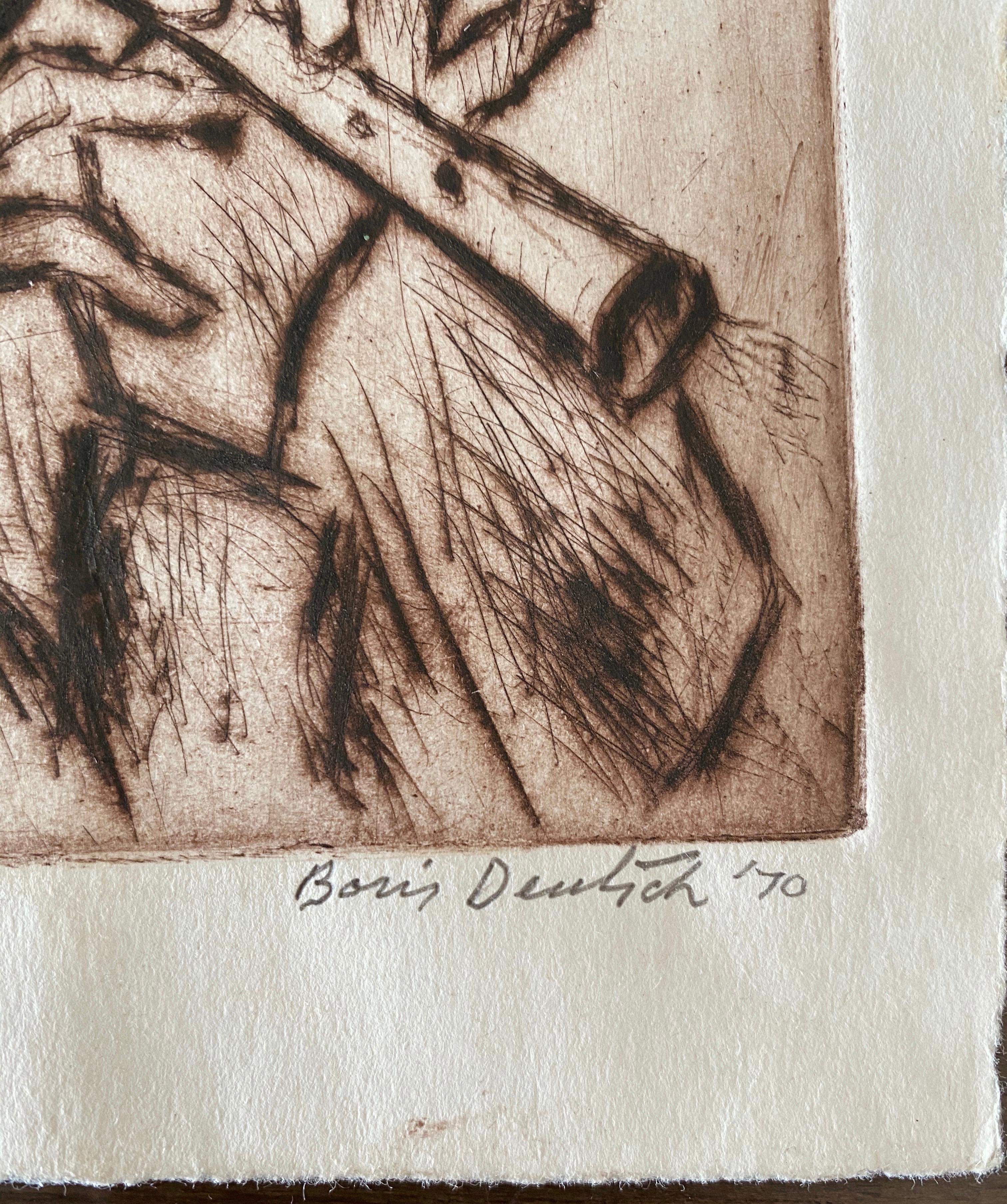 Gravure d'un artiste moderniste juif de Californie, artiste de Shtetl Village, représentant un joueur de doodka judaïque - Beige Figurative Art par Boris Deutsch