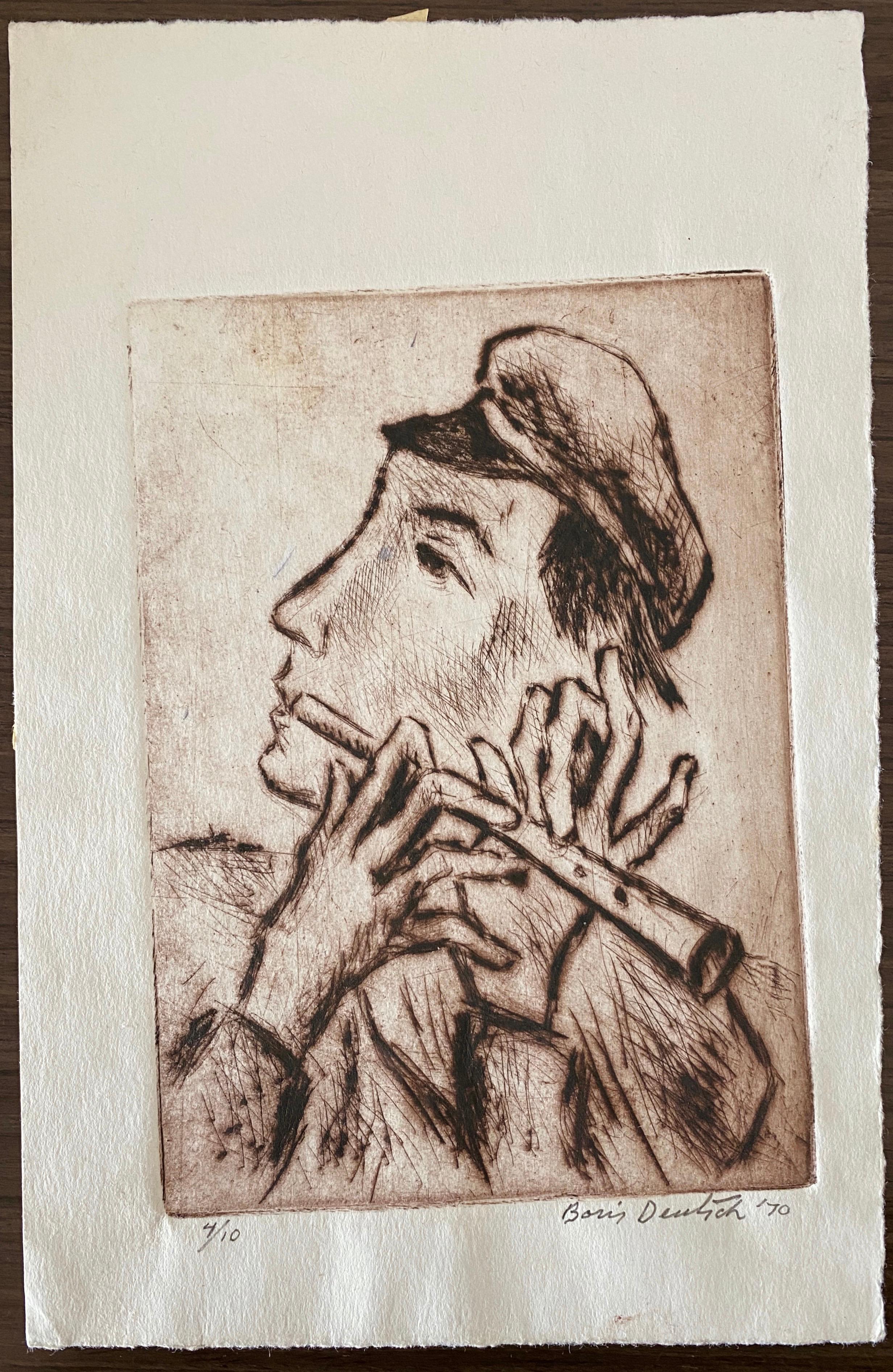 Gravure d'un artiste moderniste juif de Californie, artiste de Shtetl Village, représentant un joueur de doodka judaïque en vente 1