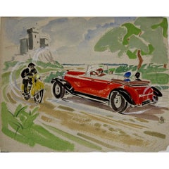 dipinto a guazzo originale di Grinsson del 1930 circa "Balade sur la Côte d'Azur".