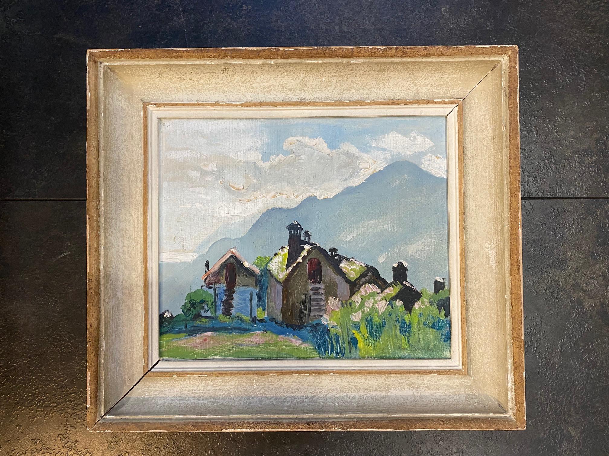 Village au sommet de la montagne par Boris Hellmann - Huile sur toile 25x30 cm en vente 1