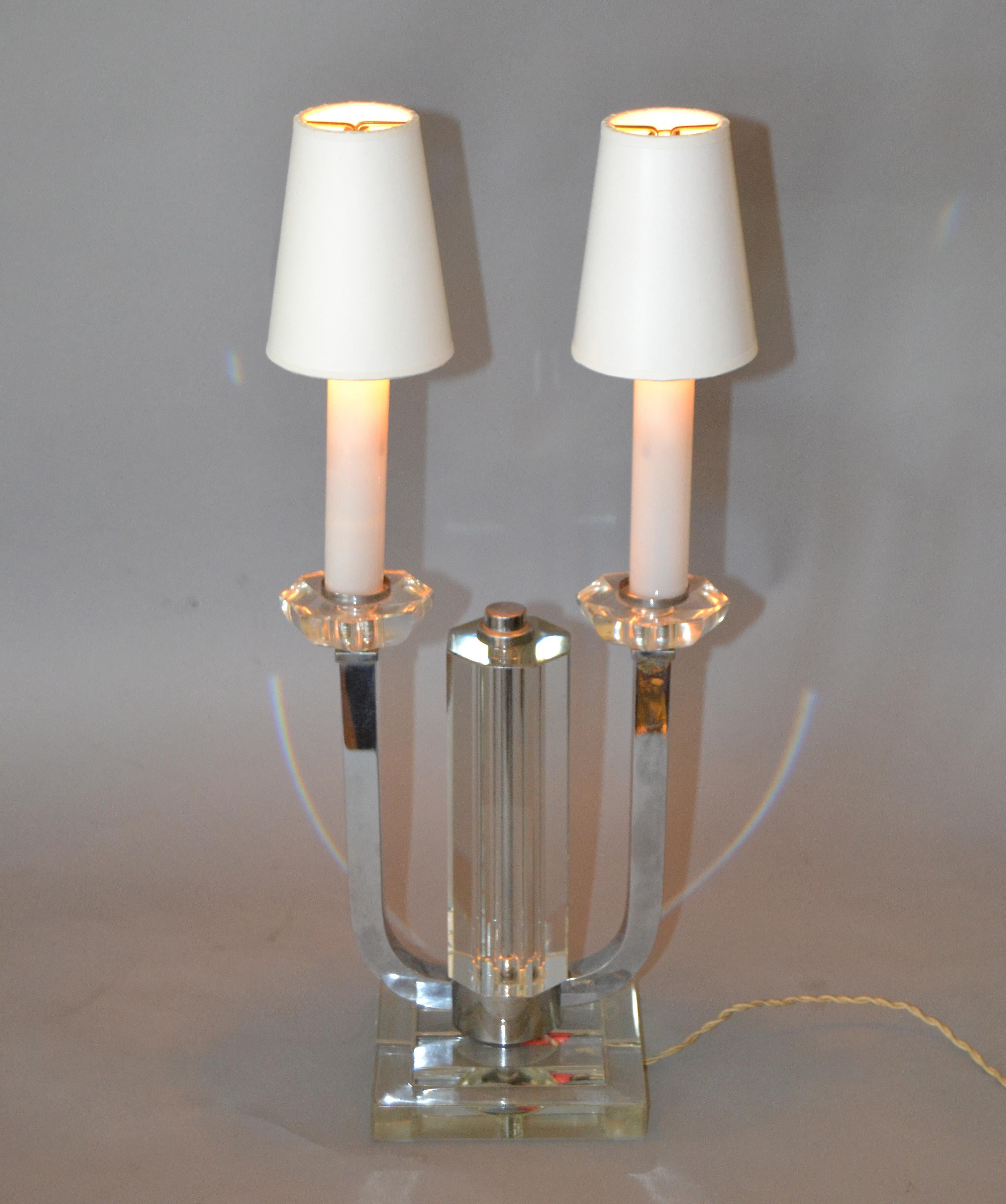 Boris Jean Lacroix French Art Deco Nickel and Crystal Table Lamp 2