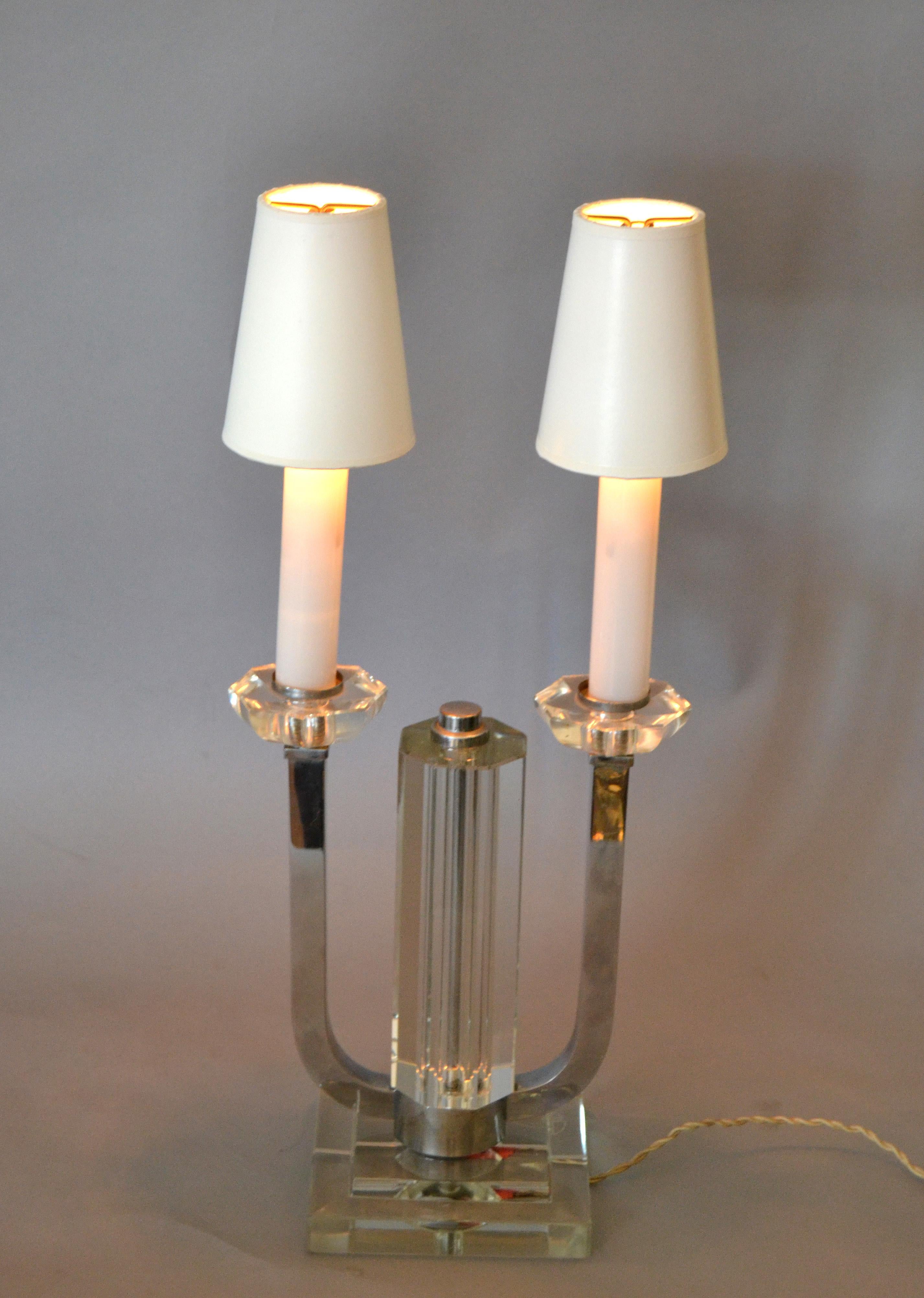 Boris Jean Lacroix French Art Deco Nickel and Crystal Table Lamp 5