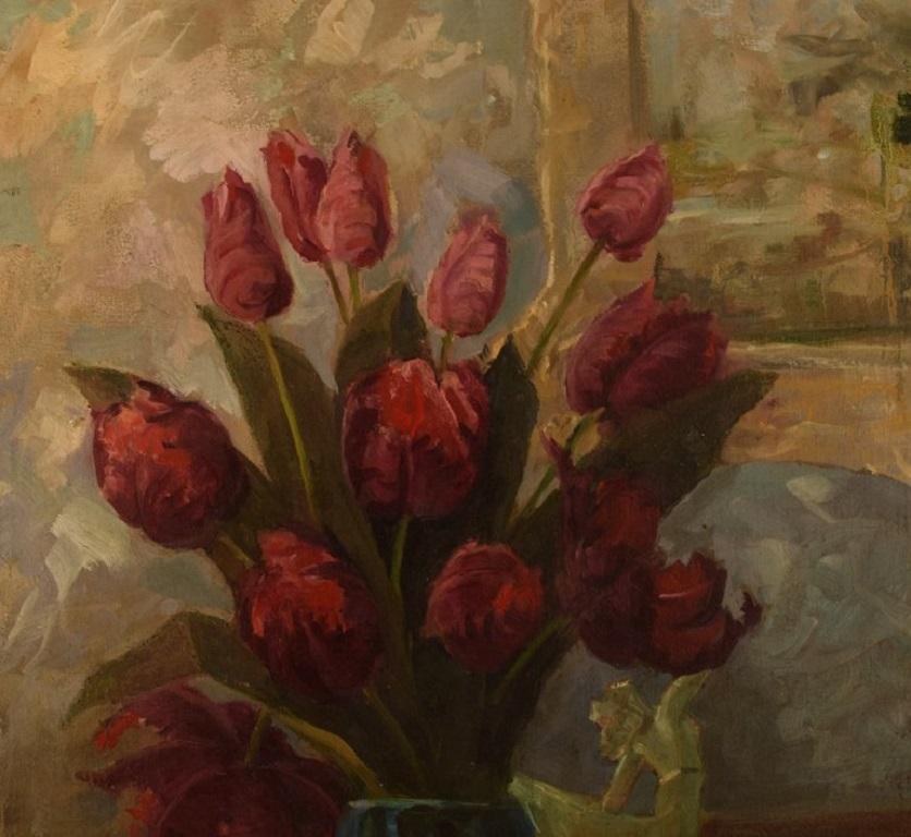 Boris Krilov (1891-1977) listed Russian artist. 
Oil on canvas. 
Still life with red tulips. 
1930s.
Measures: 59 x 39 cm.
In excellent condition.
Signed.

A painting by Krilov was sold at Bruun Rasmussen in Copenhagen in 2012 for $5,214.