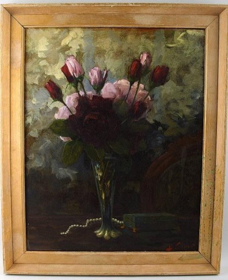 Boris KRILOV (1891-1977) Russian artist.
Still life with flowers. Oil on canvas. Red and pink roses in a vase.
Measures 39 x 50 cm. The frame measures 5 cm.
Signed, app. 1930s. 
In good condition.

A painting by Krilov was sold at Bruun Rasmussen in