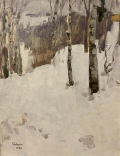 "Betulla"  Olio cm. 35 x 48 1984  Neve, foresta, bianco