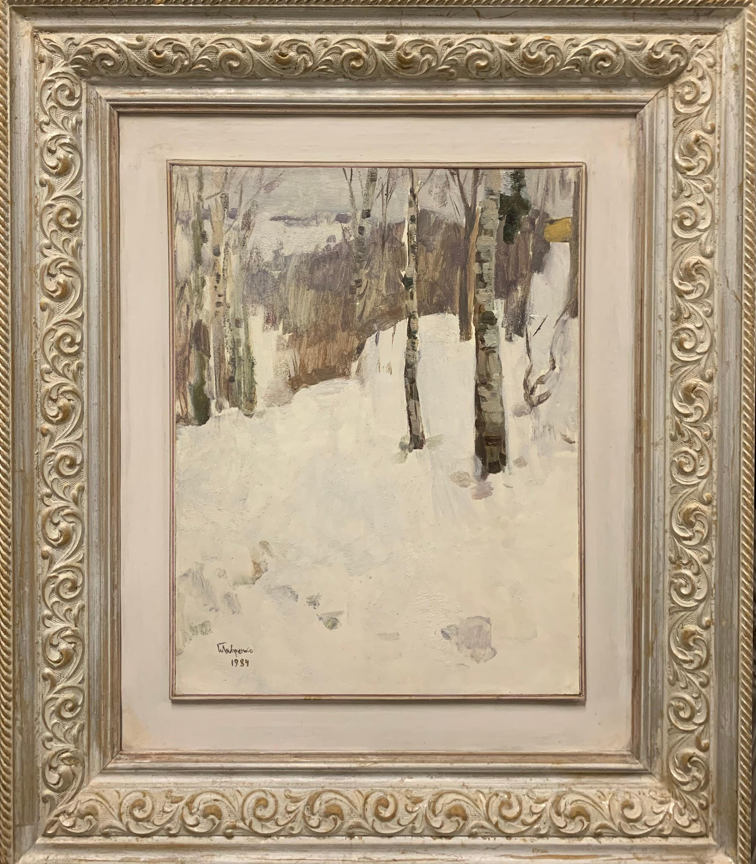 Landscape Painting de Boris LAVRENKO - "Abedul"  Óleo cm. 35 x 48 1984  Nieve, Bosque, blanco
