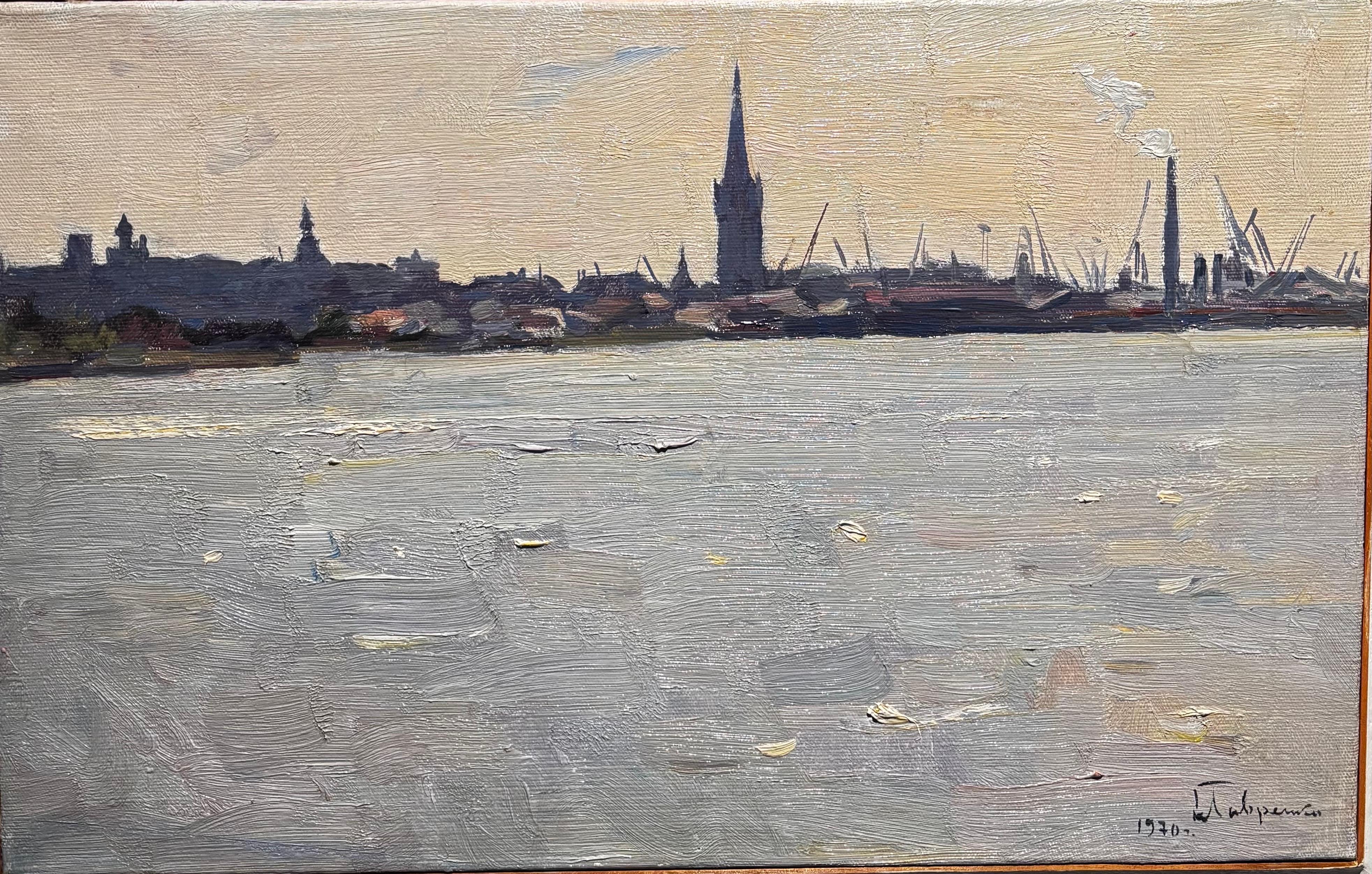 Controluce sul fiume-Città del nord Europa Olio cm. 56 x 36  1970 - Painting di Boris LAVRENKO