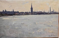 Controluce sul fiume-Città del nord europa Olio cm. 56 x 36 1970