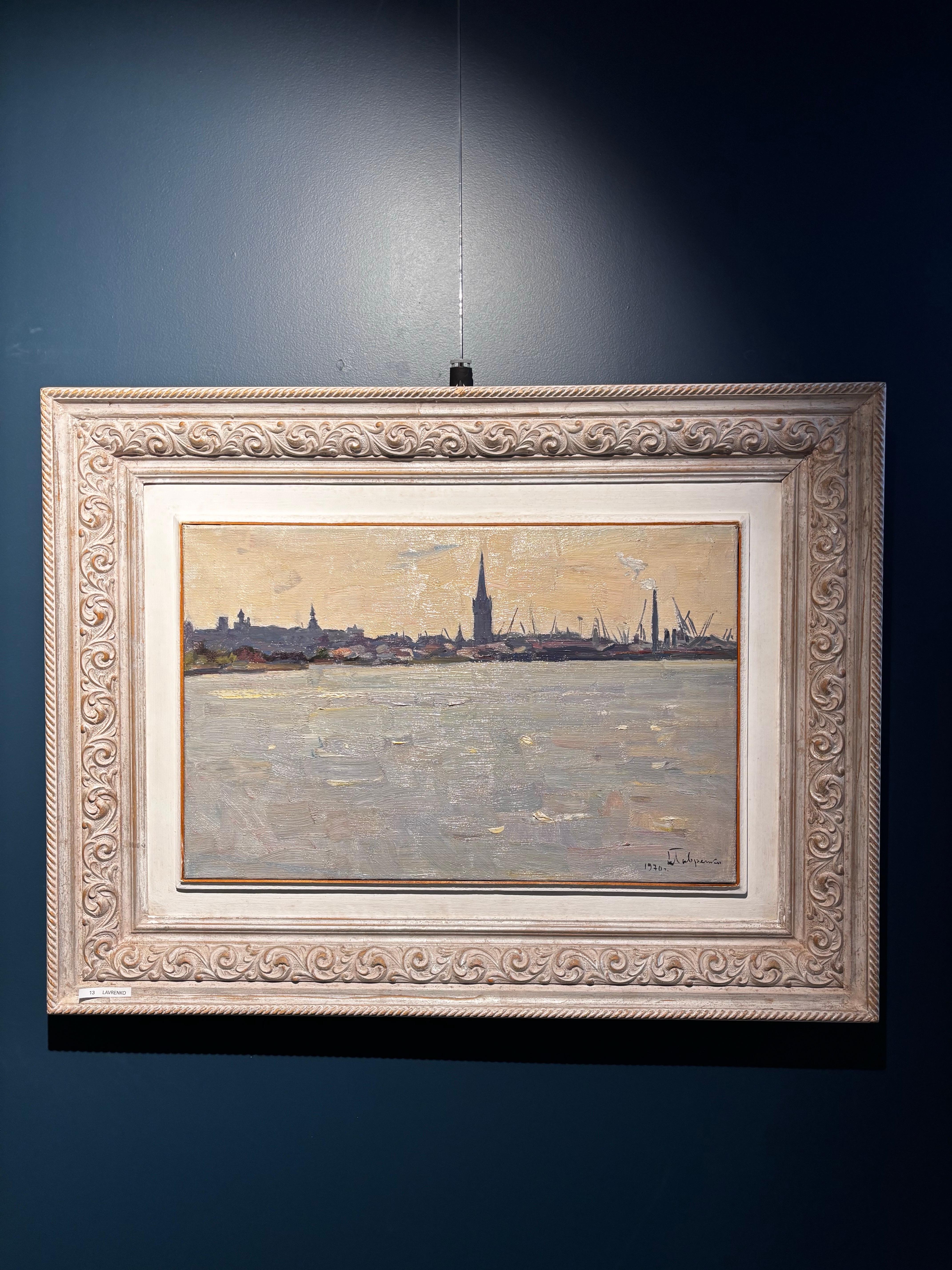 Controluce sul fiume-Città del nord Europa Olio cm. 56 x 36  1970 - Painting Postimpressionismo di Boris LAVRENKO