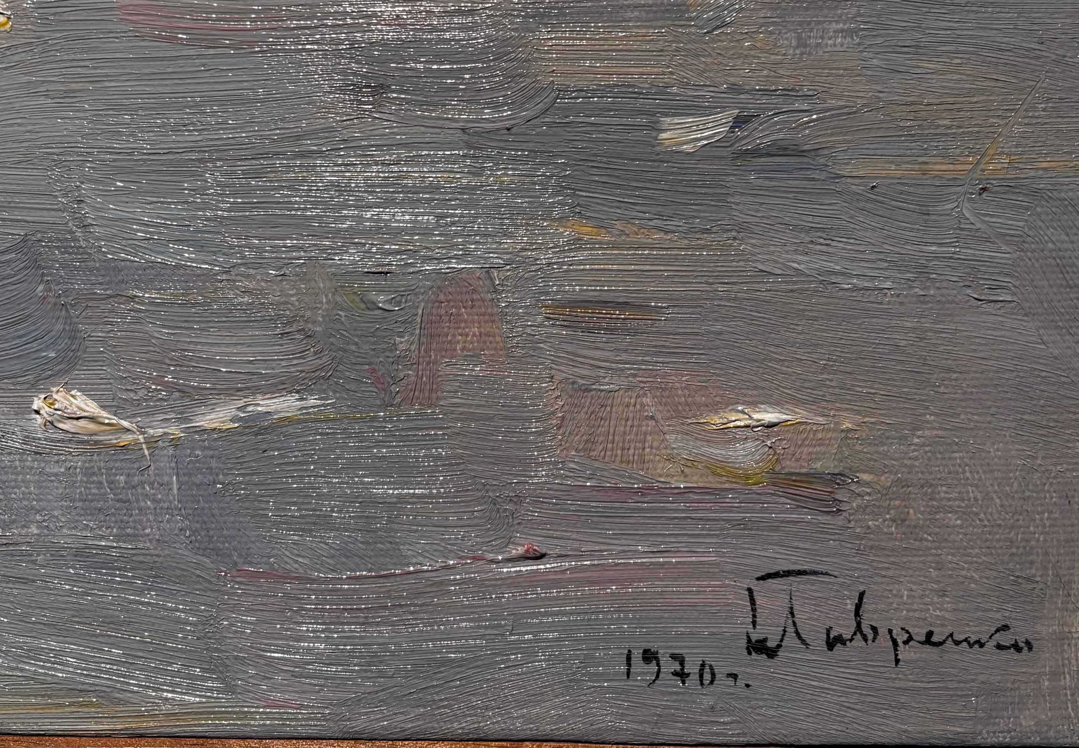 Controluce sul fiume-Città del nord Europa Olio cm. 56 x 36  1970 in vendita 2