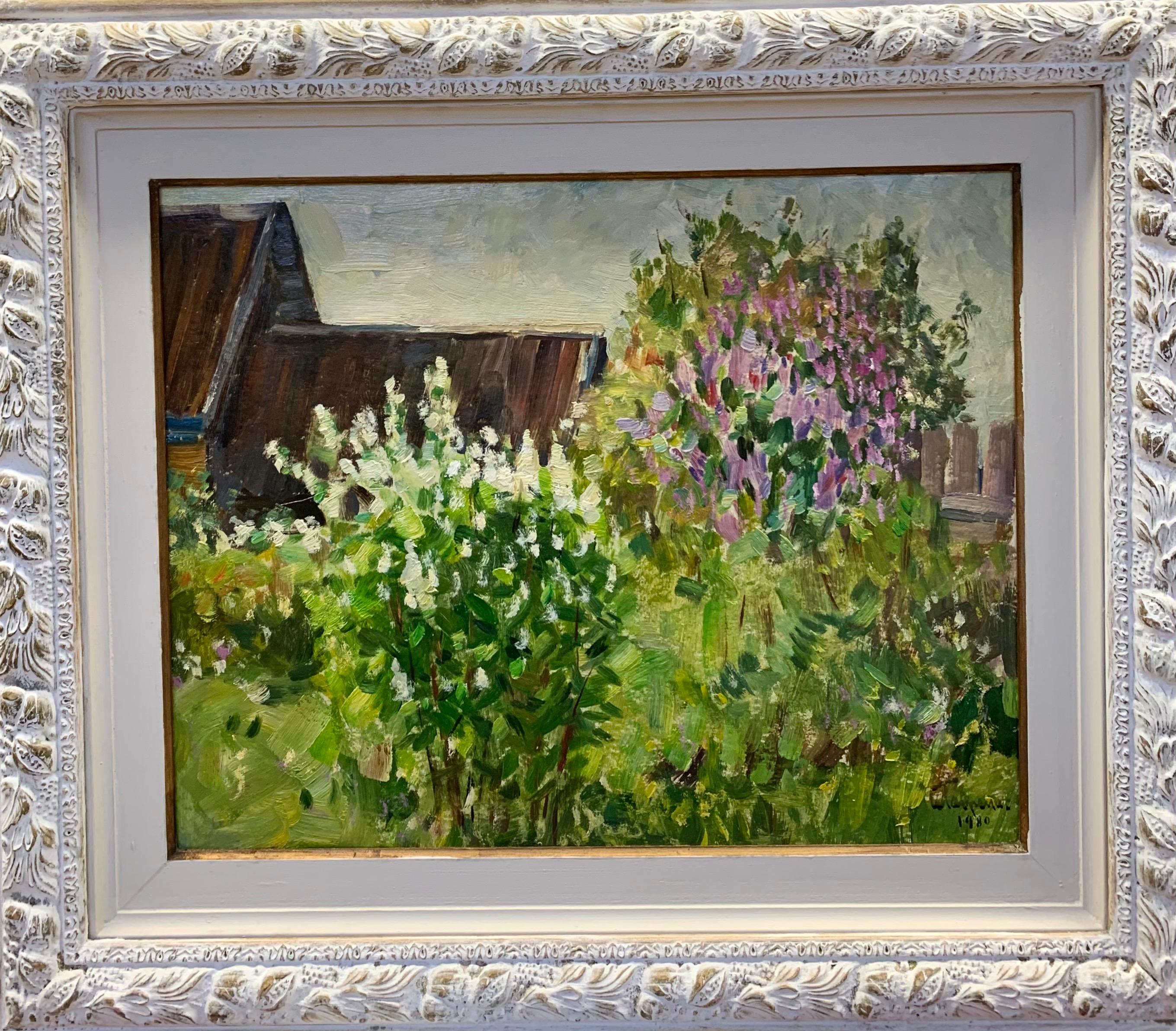 Boris LAVRENKO Figurative Painting - "Flowery lilac"Country house, garden cm. 50 x 40 oil 1980 Shipping free