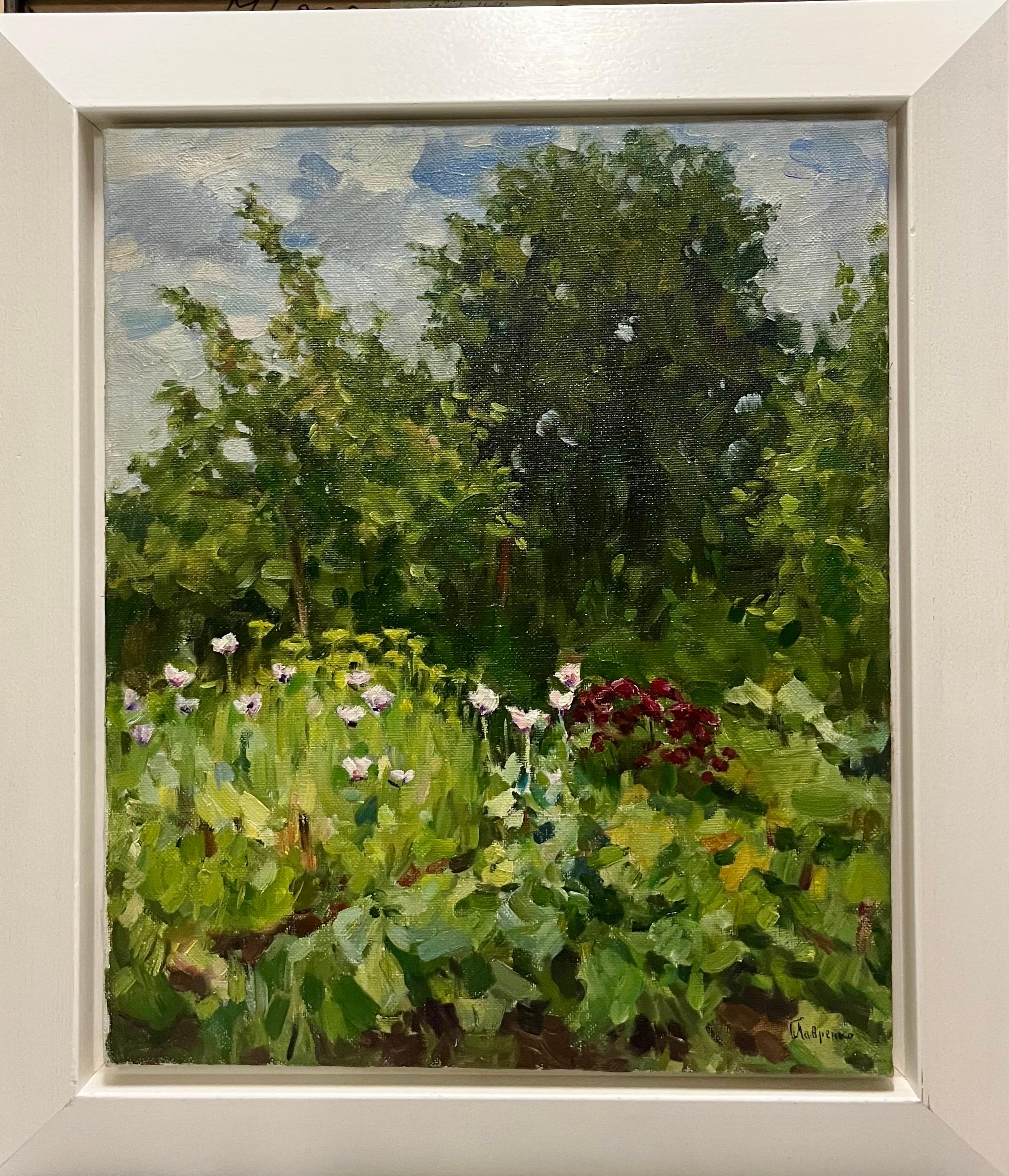 Boris LAVRENKO Landscape Painting - "Giardino" Tulipani e fiori rossi Olio cm. 50 x 60 1995