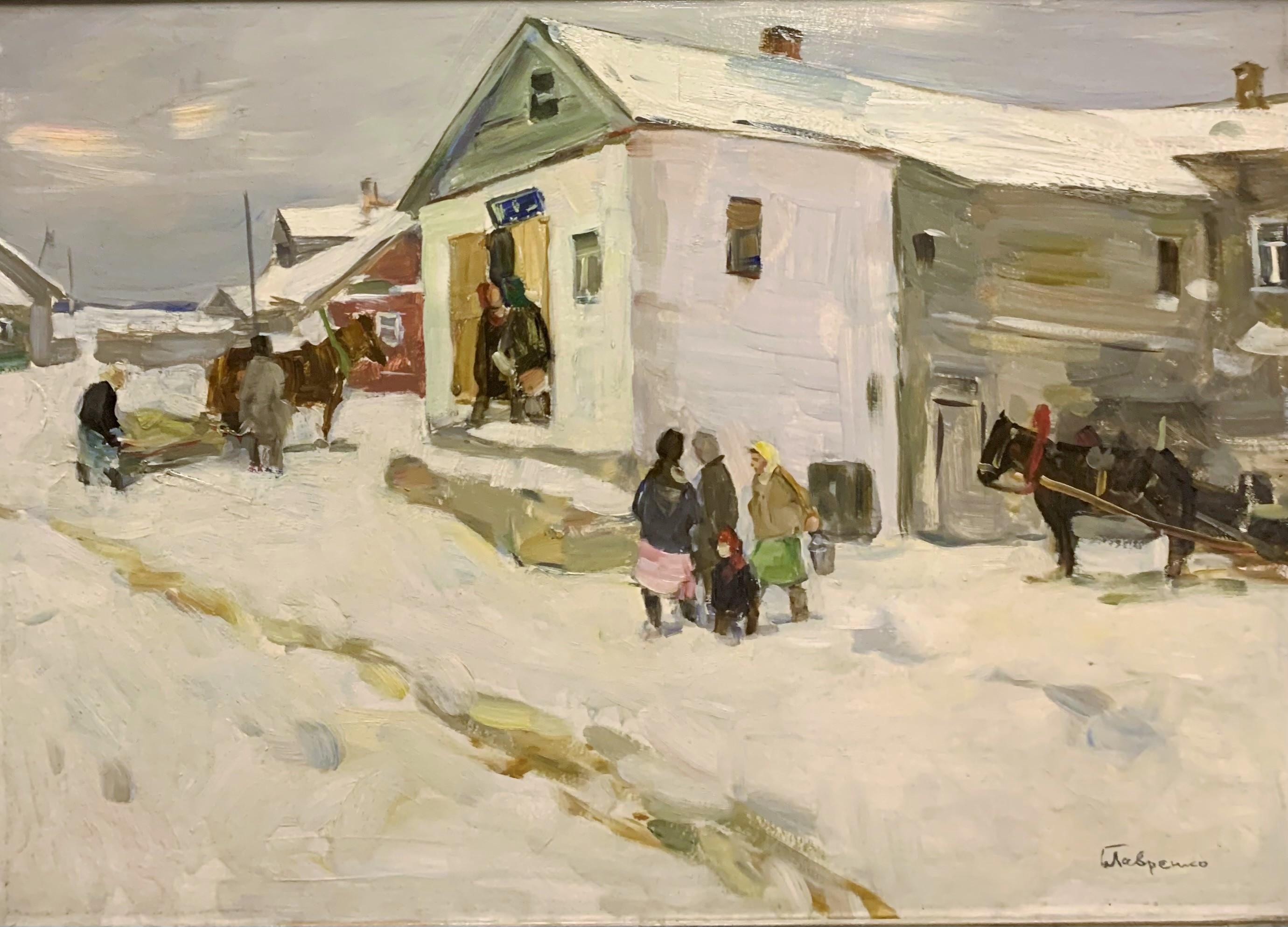 « Little shop in the village », huile de 1980, neige, hiver, blanc - Painting de Boris LAVRENKO