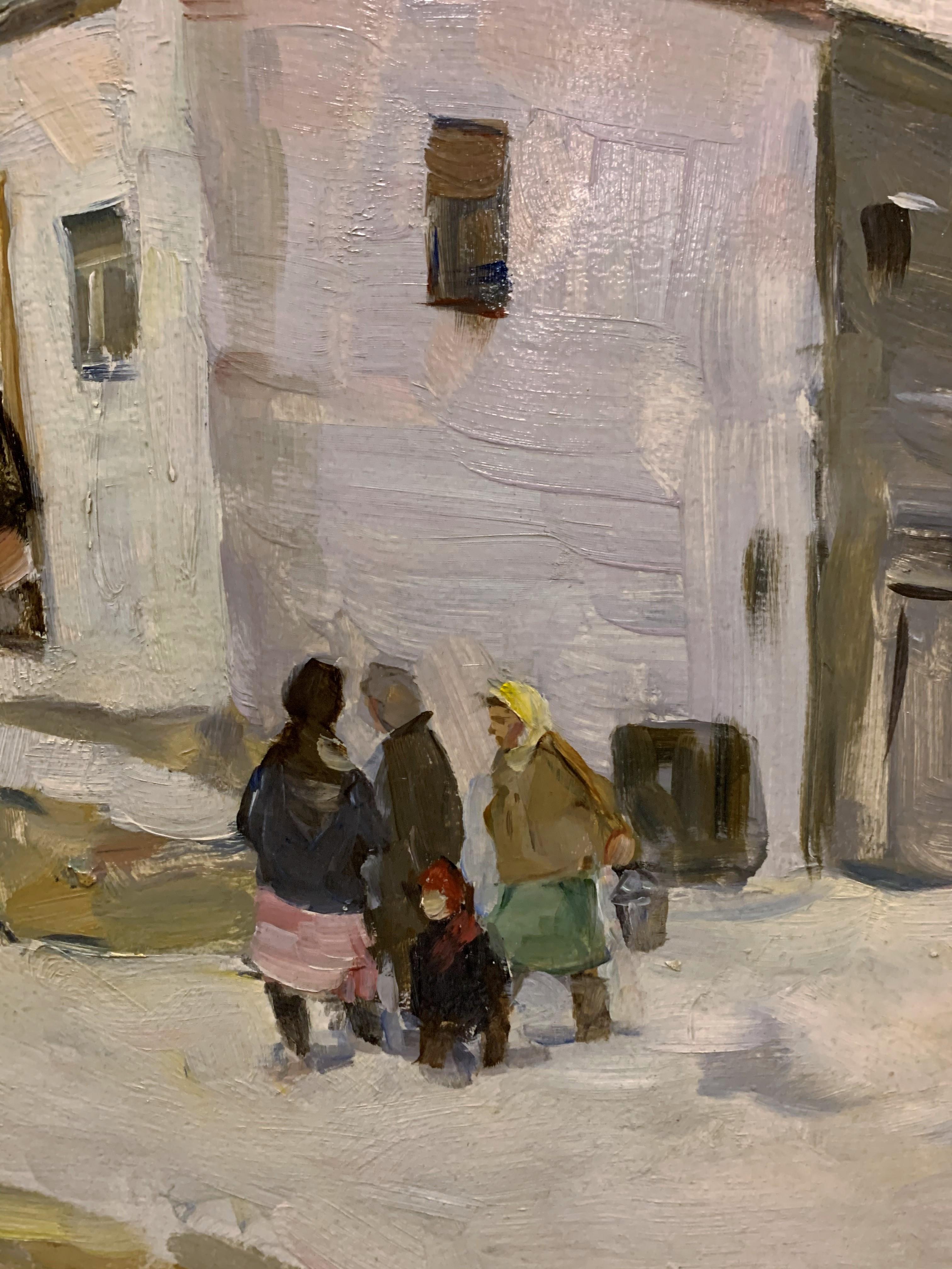 „Ein kleines Geschäft im Dorf“, Öl 1980, Schnee, Winter, Weiß (Impressionismus), Painting, von Boris LAVRENKO