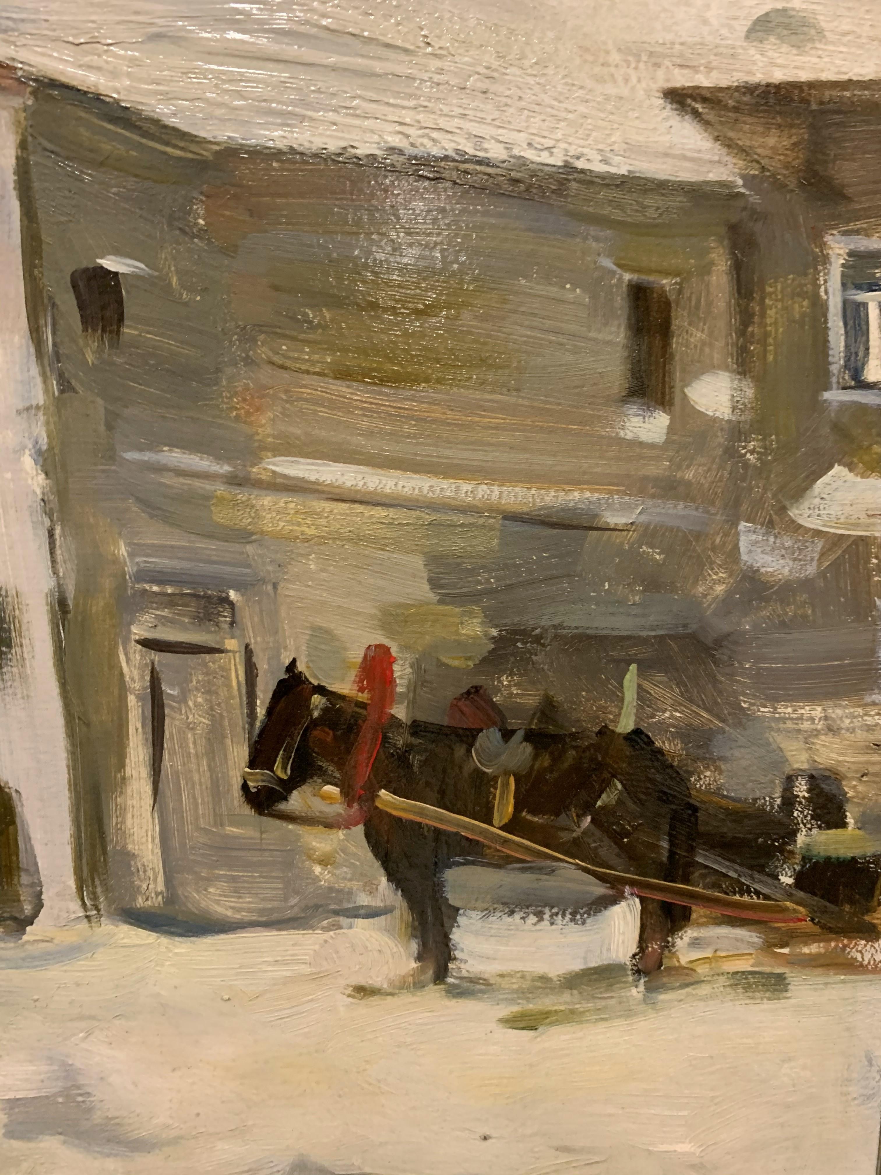 „Ein kleines Geschäft im Dorf“, Öl 1980, Schnee, Winter, Weiß (Braun), Figurative Painting, von Boris LAVRENKO