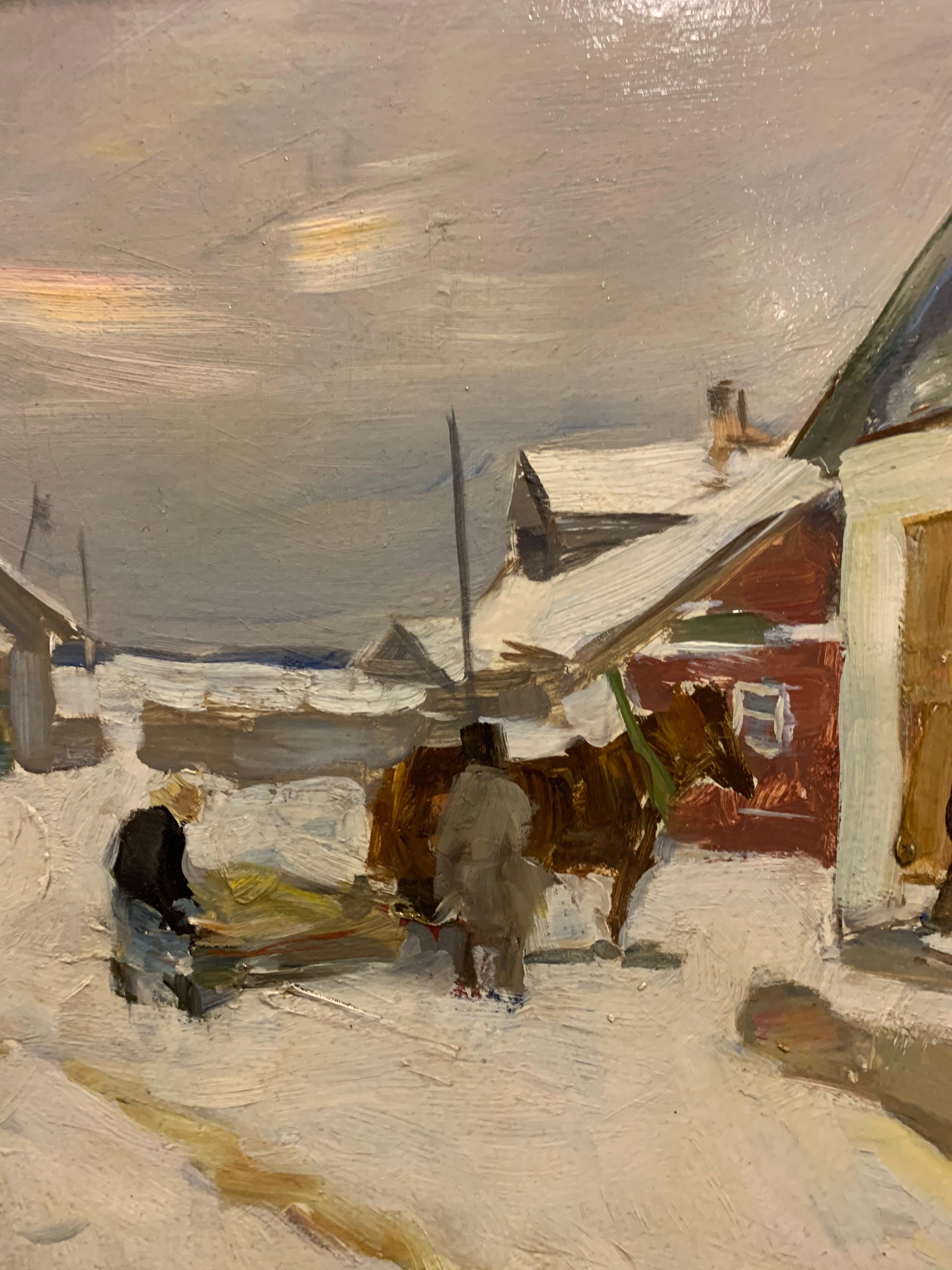 „Ein kleines Geschäft im Dorf“, Öl 1980, Schnee, Winter, Weiß im Angebot 1
