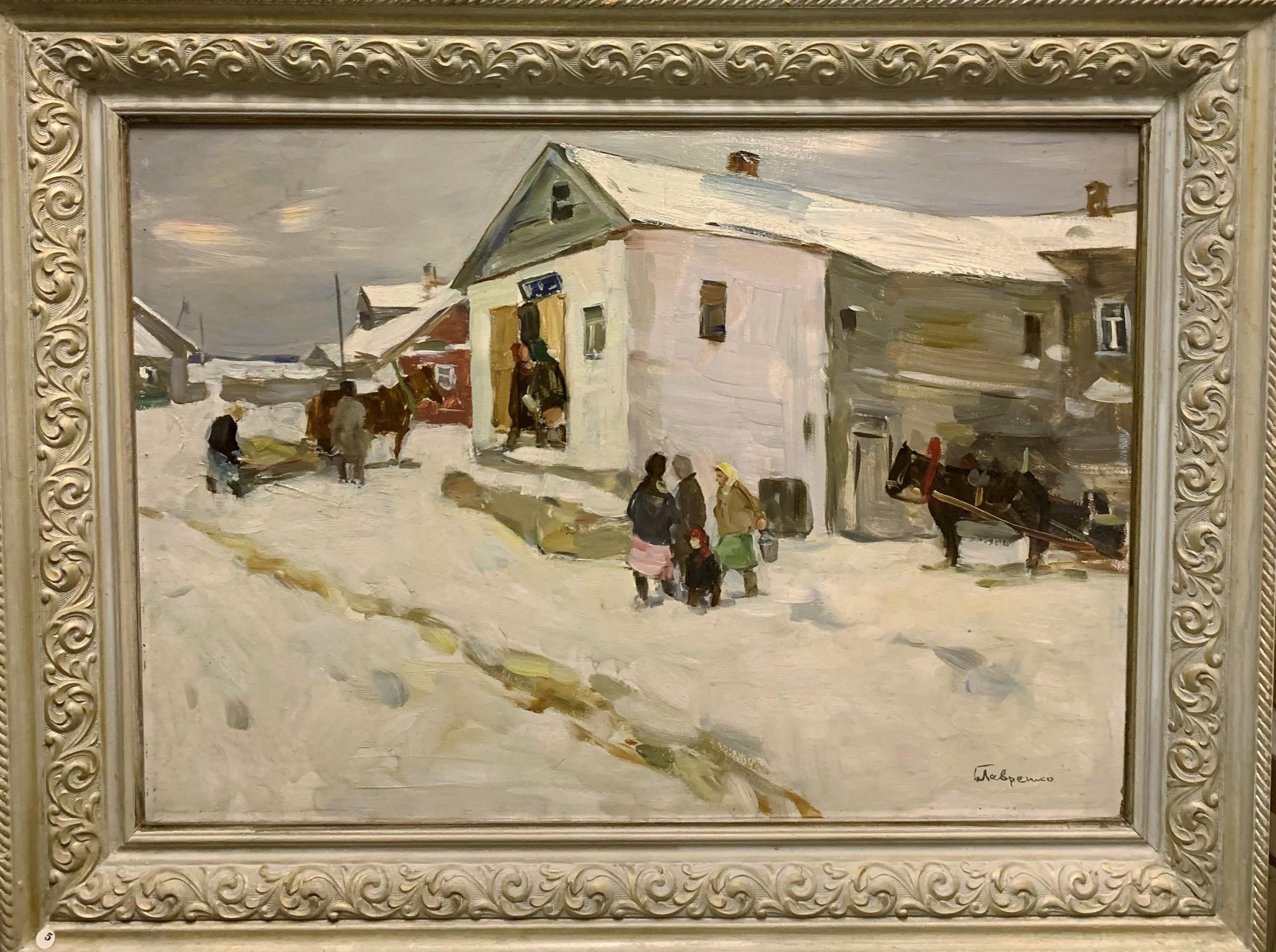 Boris LAVRENKO Figurative Painting - "Little shop in the village" Oil 1980, Snow, Winter, white