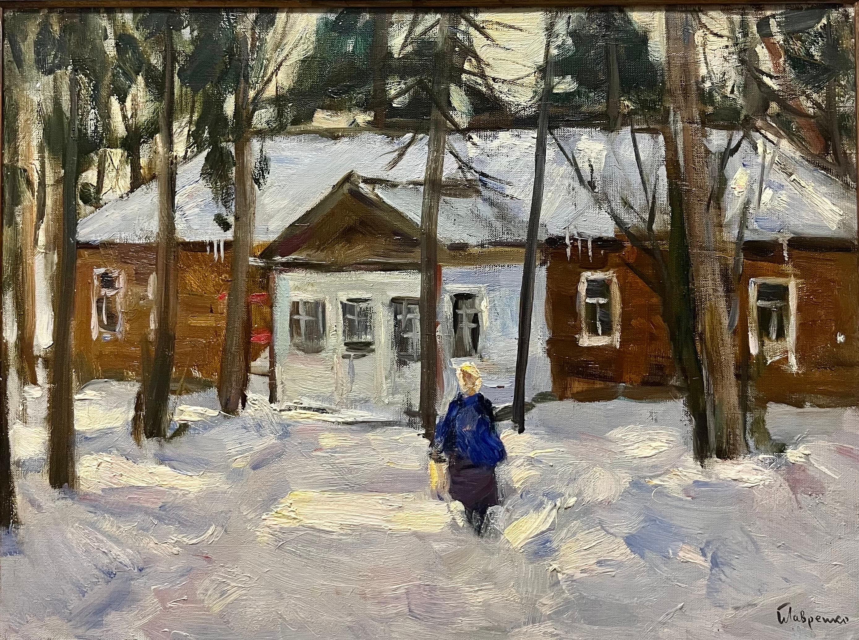 „Red house in the woods“ Winter, Öl cm.  55 x 41  1984 – Painting von Boris LAVRENKO