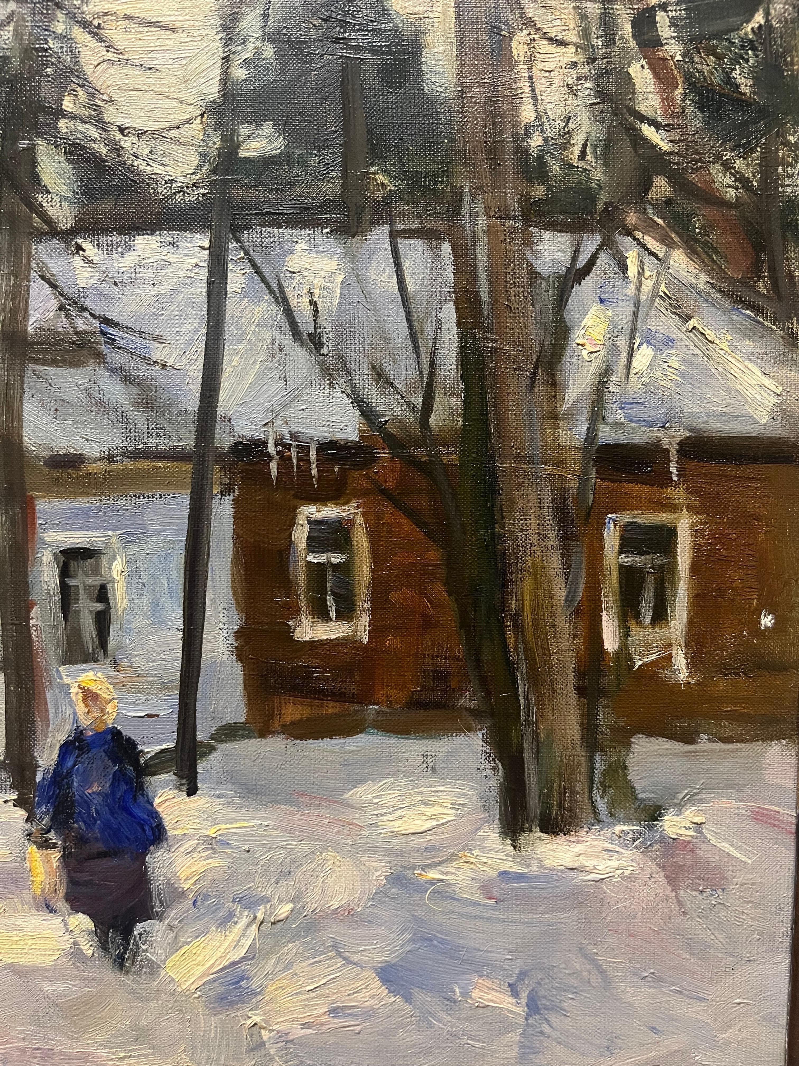 „Red house in the woods“ Winter, Öl cm.  55 x 41  1984 (Braun), Landscape Painting, von Boris LAVRENKO